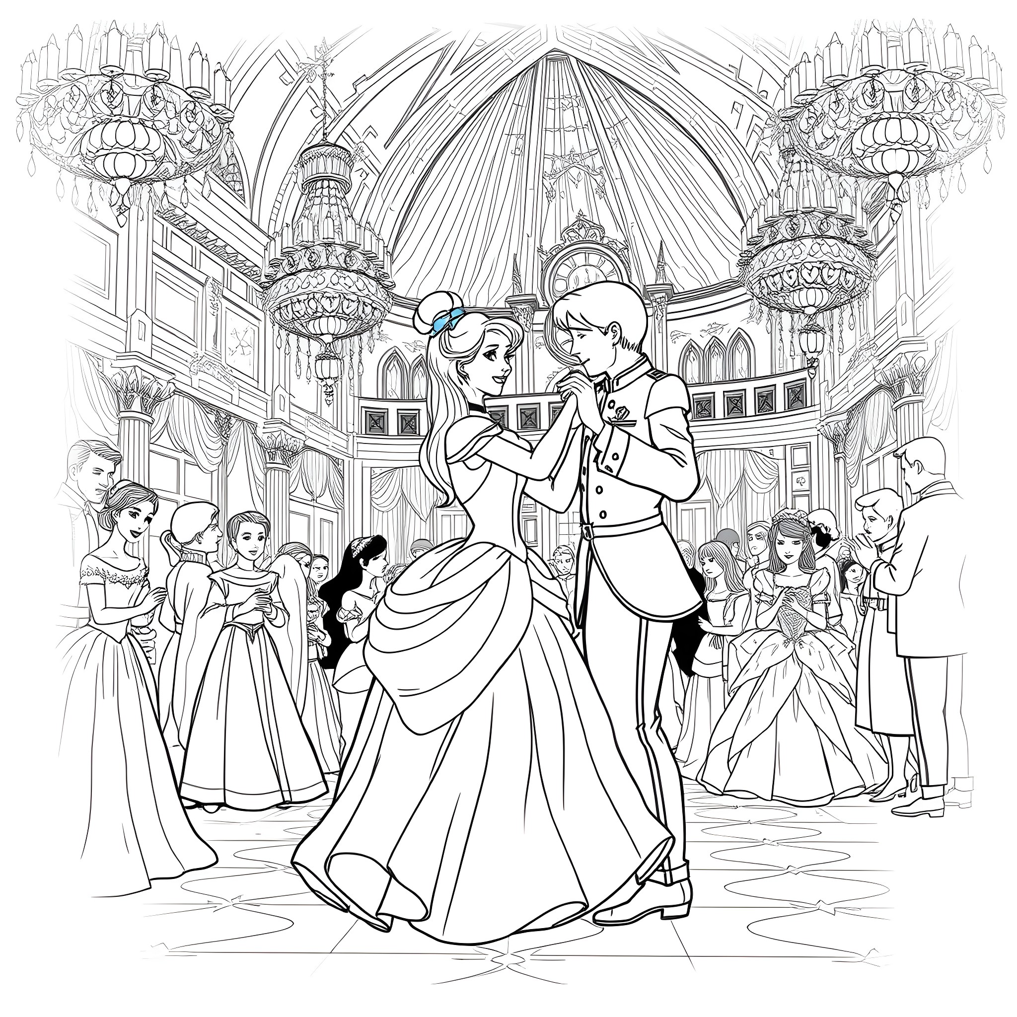 Cinderella's grand ball with the prince in a lavish palace Coloring Page (free black-and-white line drawing printable PDF for all, from beginners to advanced learners, including children, teens, adults, and seniors)