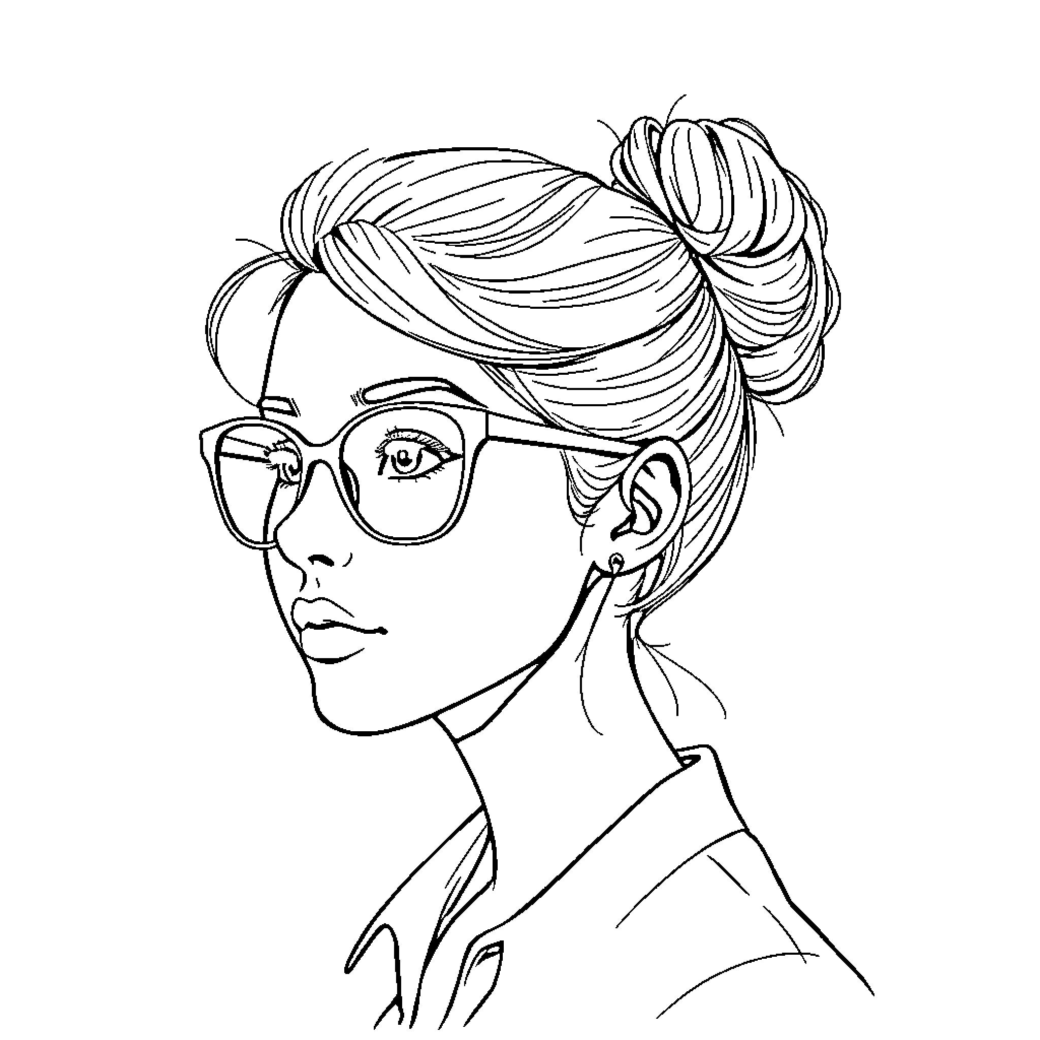 Girl with stylish updo and glasses Coloring Page (free black-and-white line drawing printable PDF for all, from beginners to advanced learners, including children, teens, adults, and seniors)