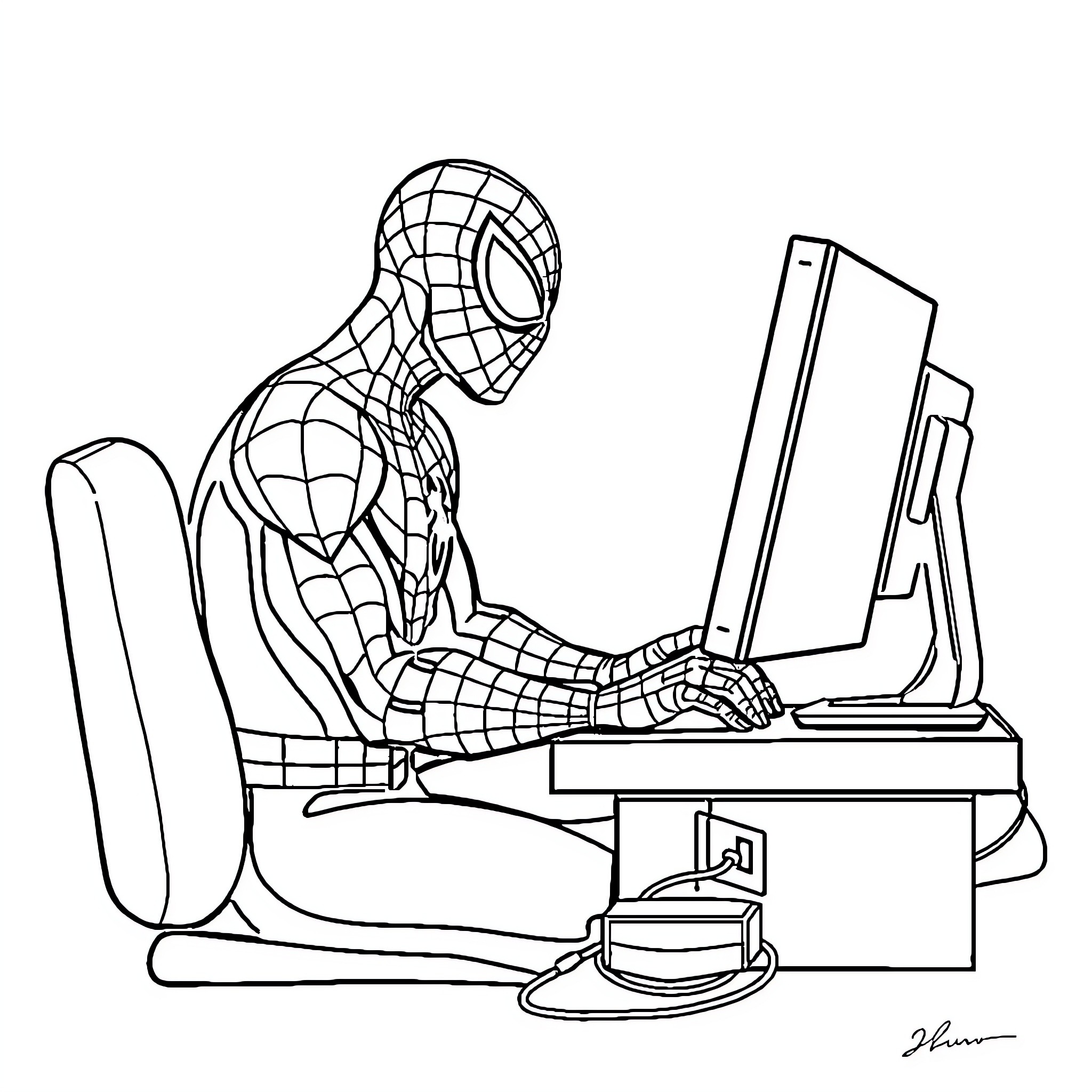 Spiderman working diligently on computer Coloring Page (free black-and-white line drawing printable PDF for all, from beginners to advanced learners, including children, teens, adults, and seniors)