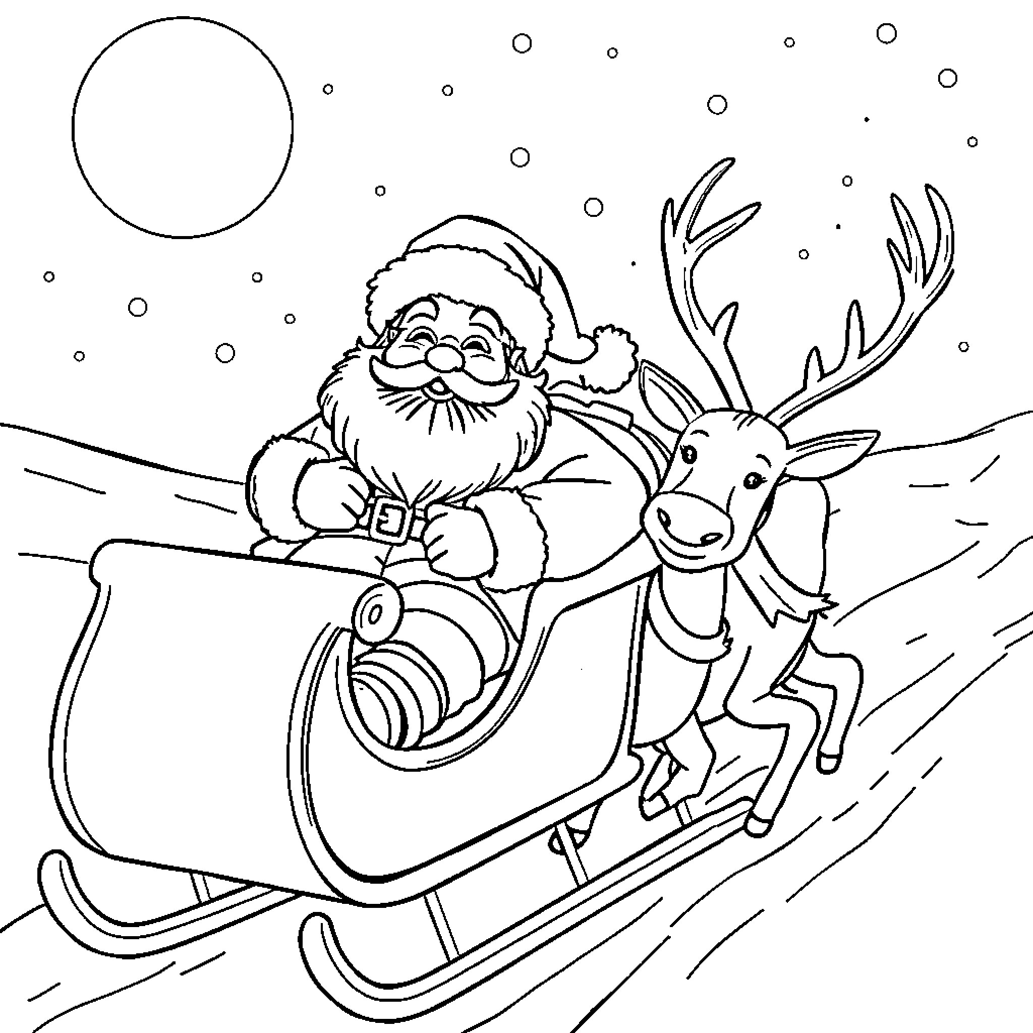 Santa Claus riding a sleigh with reindeer on a snowy night Coloring Page (free black-and-white line drawing printable PDF for all, from beginners to advanced learners, including children, teens, adults, and seniors)