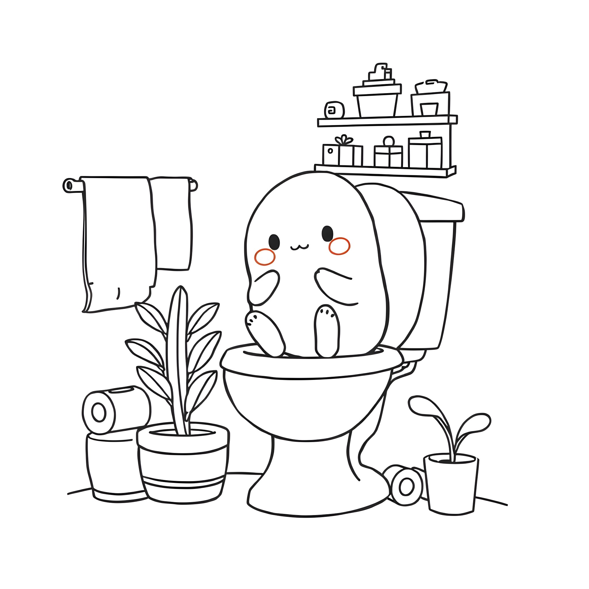 Squishmallow character enjoying time in the bathroom Coloring Page (free black-and-white line drawing printable PDF for all, from beginners to advanced learners, including children, teens, adults, and seniors)