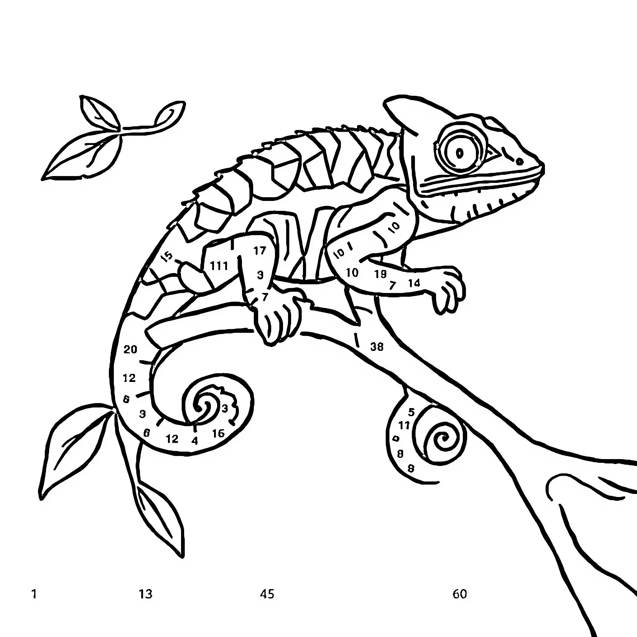 Chameleon climbing on leaves with numbers Coloring Page (free black-and-white line drawing printable PDF for all, from beginners to advanced learners, including children, teens, adults, and seniors)