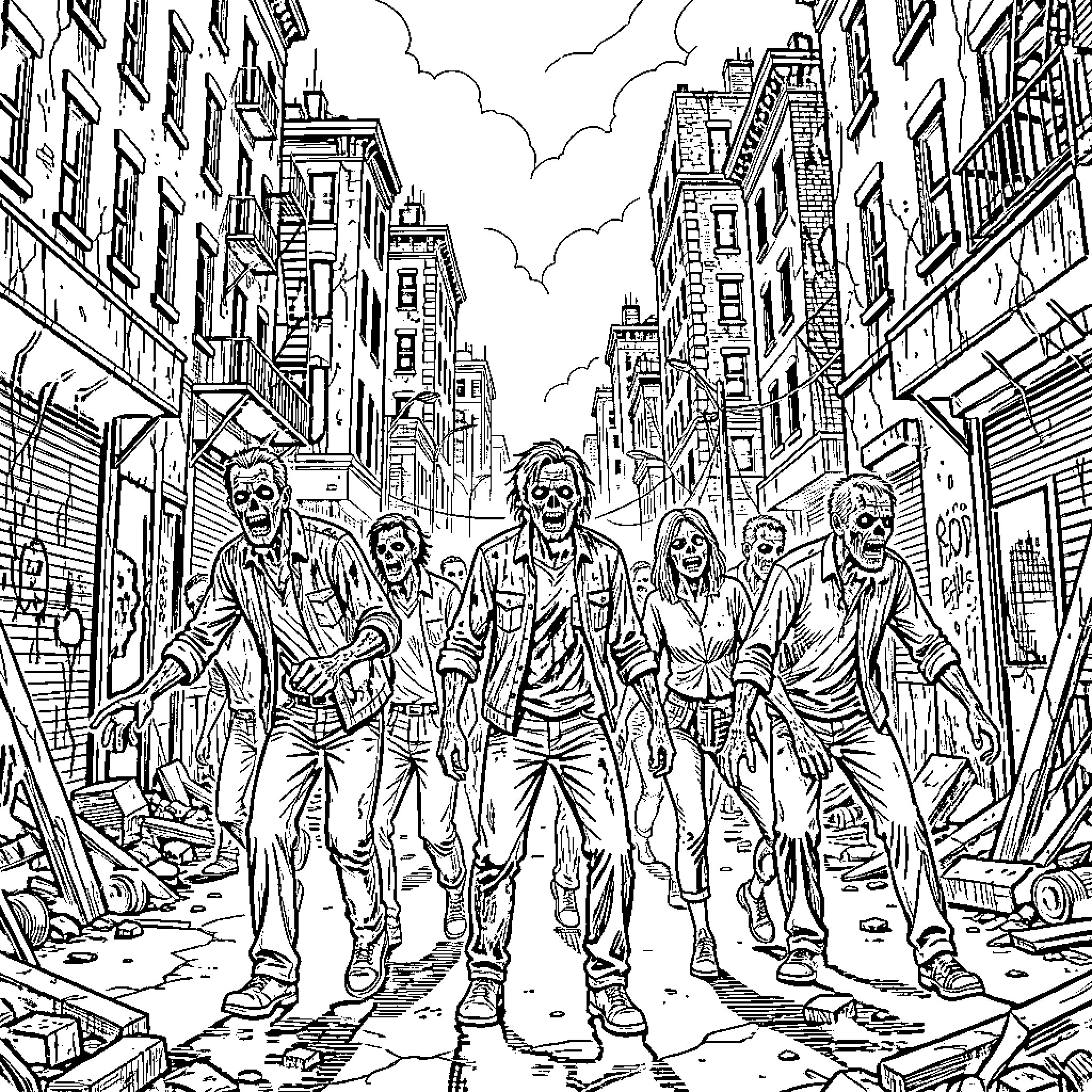 Zombie apocalypse survivors in a desolate city Coloring Page (free black-and-white line drawing printable PDF for all, from beginners to advanced learners, including children, teens, adults, and seniors)