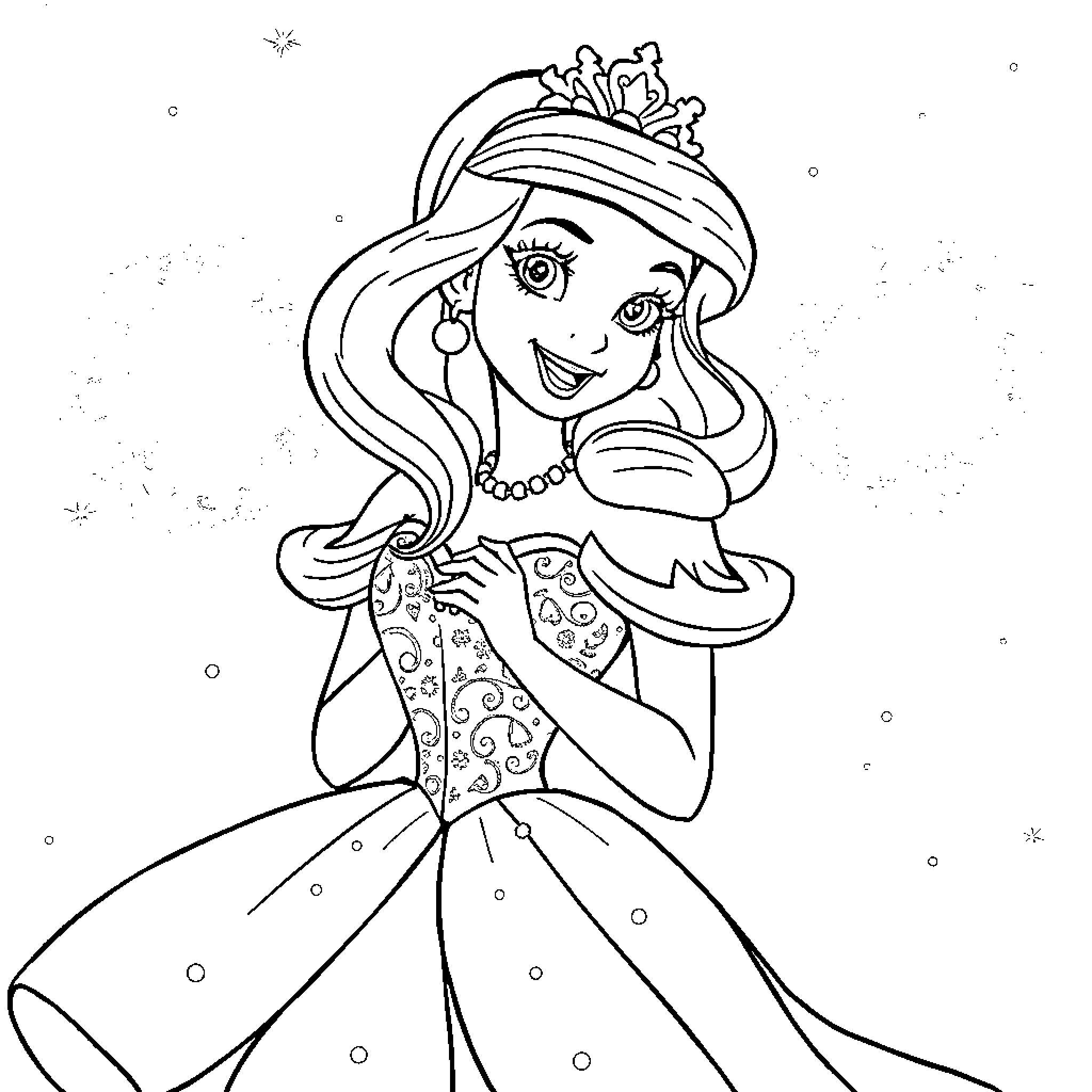 Disney Girl in Ornate Dress Smiling Joyfully Coloring Page (free black-and-white line drawing printable PDF for all, from beginners to advanced learners, including children, teens, adults, and seniors)