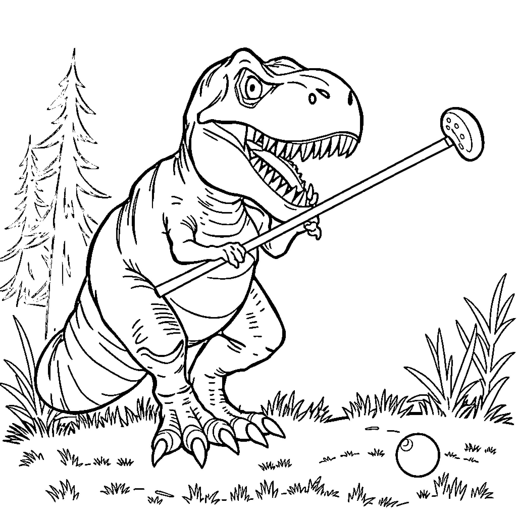 Tyrannosaurus Rex hunting with a club Coloring Page (free black-and-white line drawing printable PDF for all, from beginners to advanced learners, including children, teens, adults, and seniors)