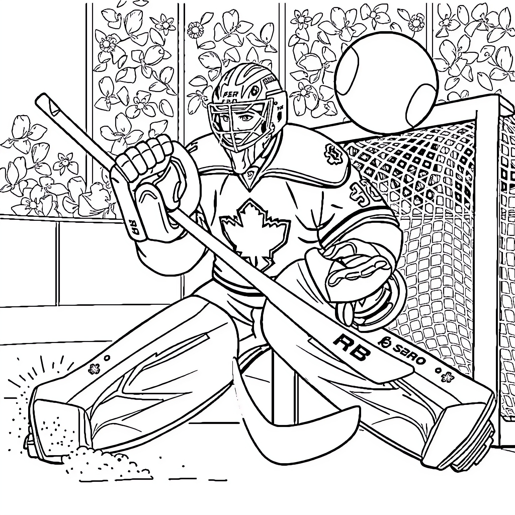 Connor Hellebuyck, the Focused Hockey Goaltender Coloring Page (free black-and-white line drawing printable PDF for all, from beginners to advanced learners, including children, teens, adults, and seniors)