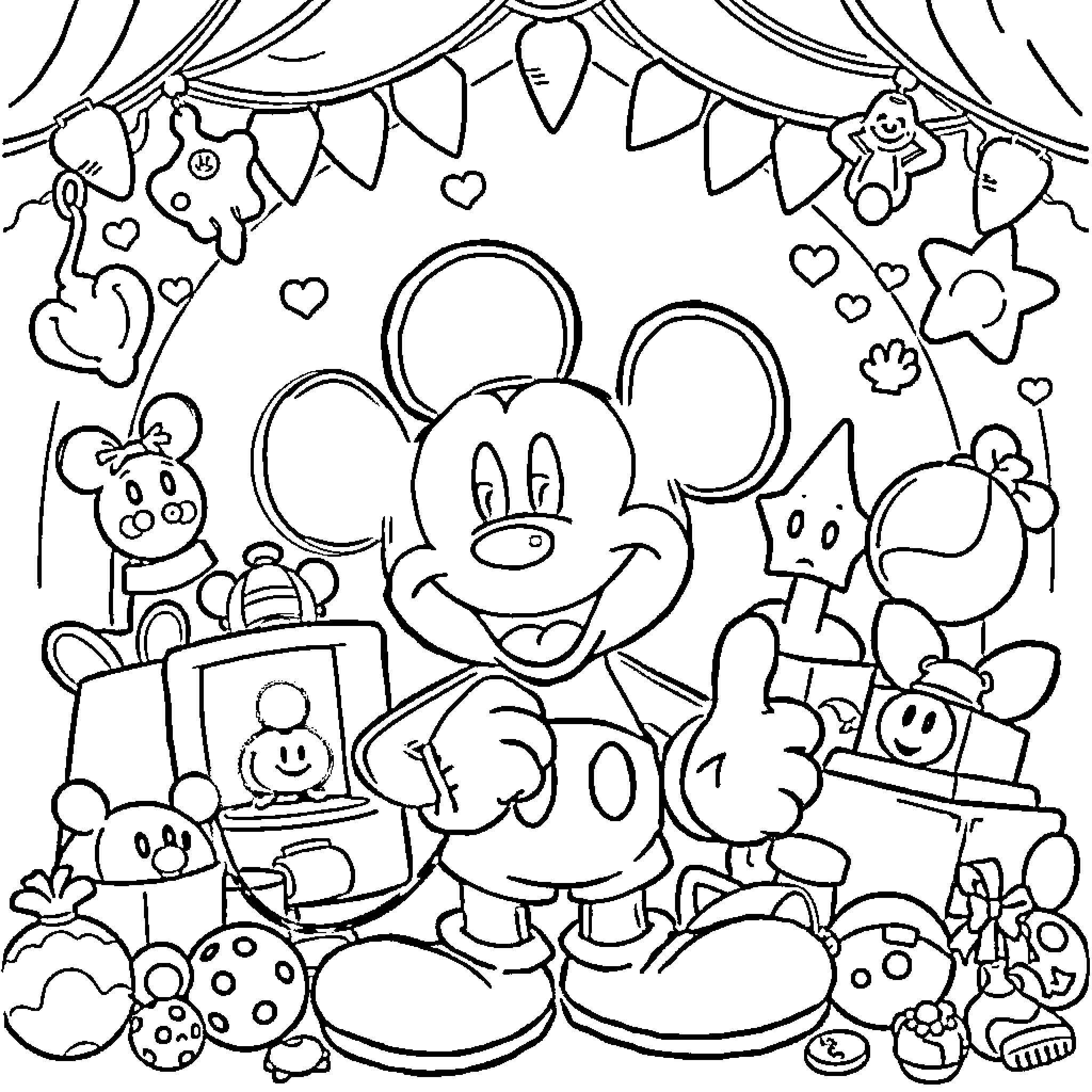 Mickey Mouse's Playful Party Celebration Coloring Page (free black-and-white line drawing printable PDF for all, from beginners to advanced learners, including children, teens, adults, and seniors)
