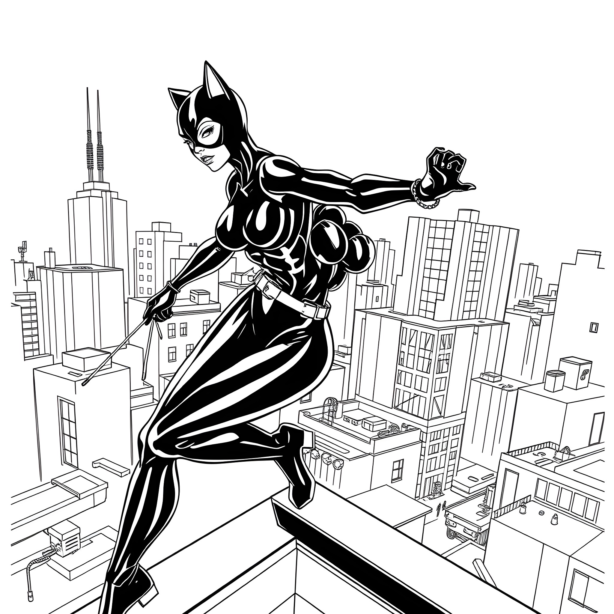 Cat Woman heroically leaping across city skyline Coloring Page (free black-and-white line drawing printable PDF for all, from beginners to advanced learners, including children, teens, adults, and seniors)