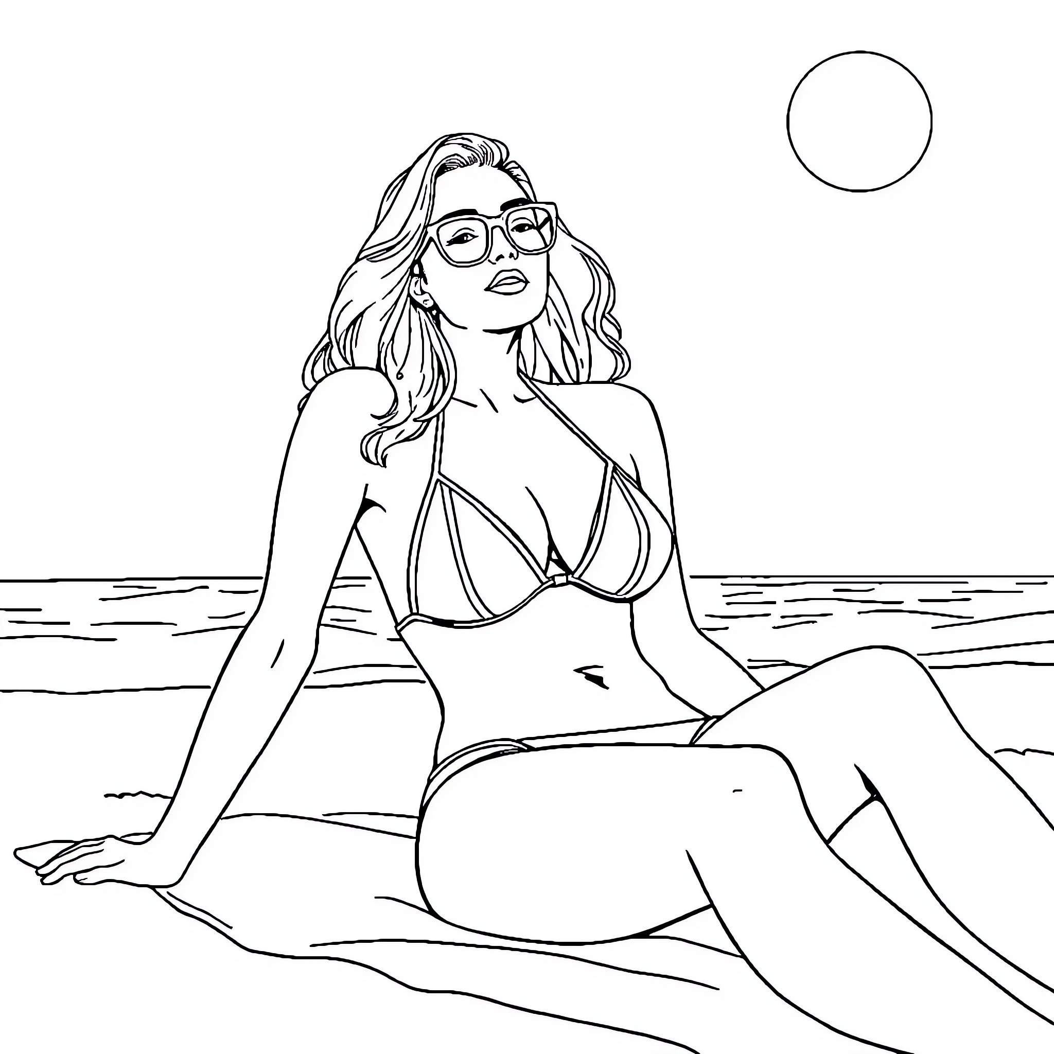 Ana de Armas relaxing on the beach Coloring Page (free black-and-white line drawing printable PDF for all, from beginners to advanced learners, including children, teens, adults, and seniors)