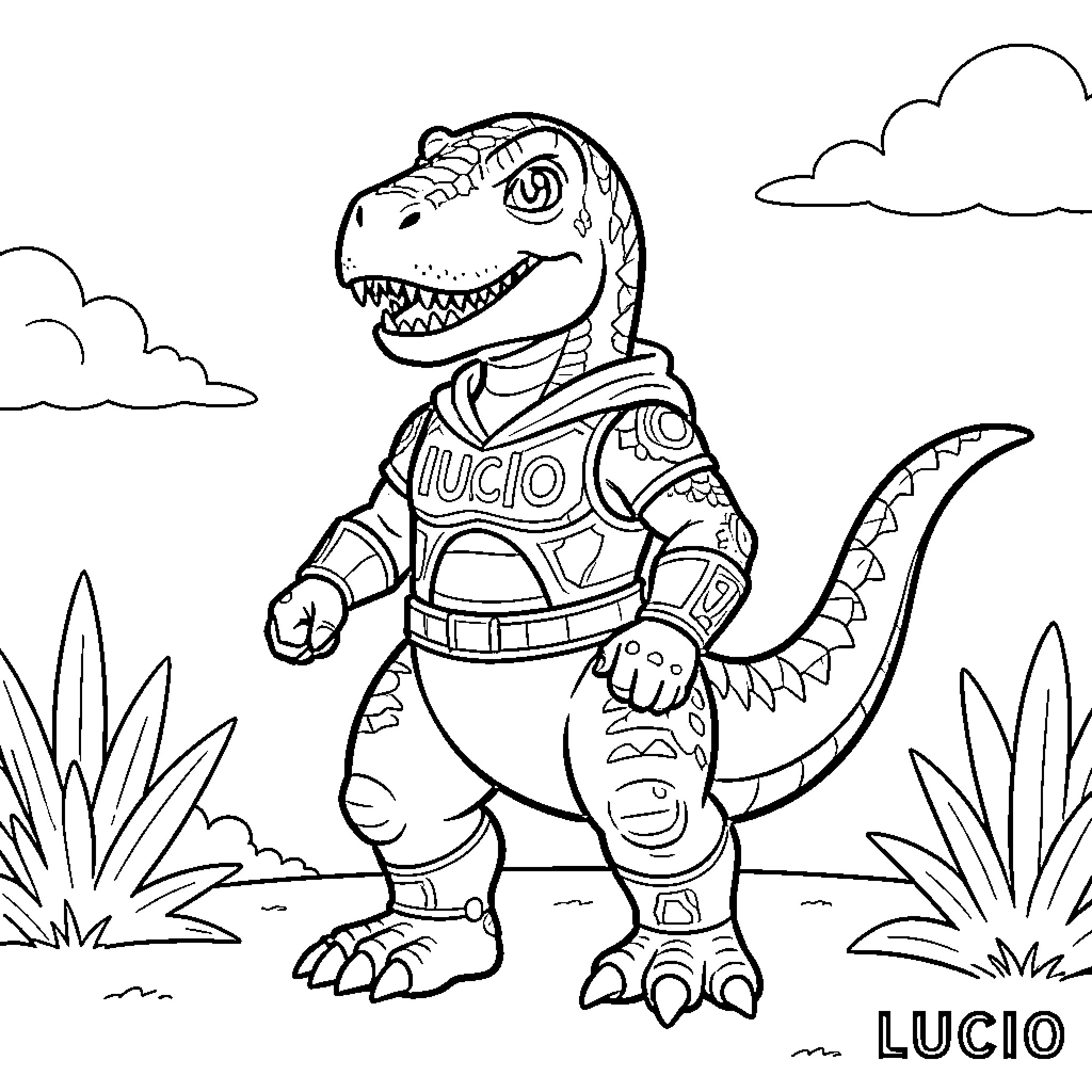 Dinosaur wearing futuristic armor standing in a landscape Coloring Page (free black-and-white line drawing printable PDF for all, from beginners to advanced learners, including children, teens, adults, and seniors)