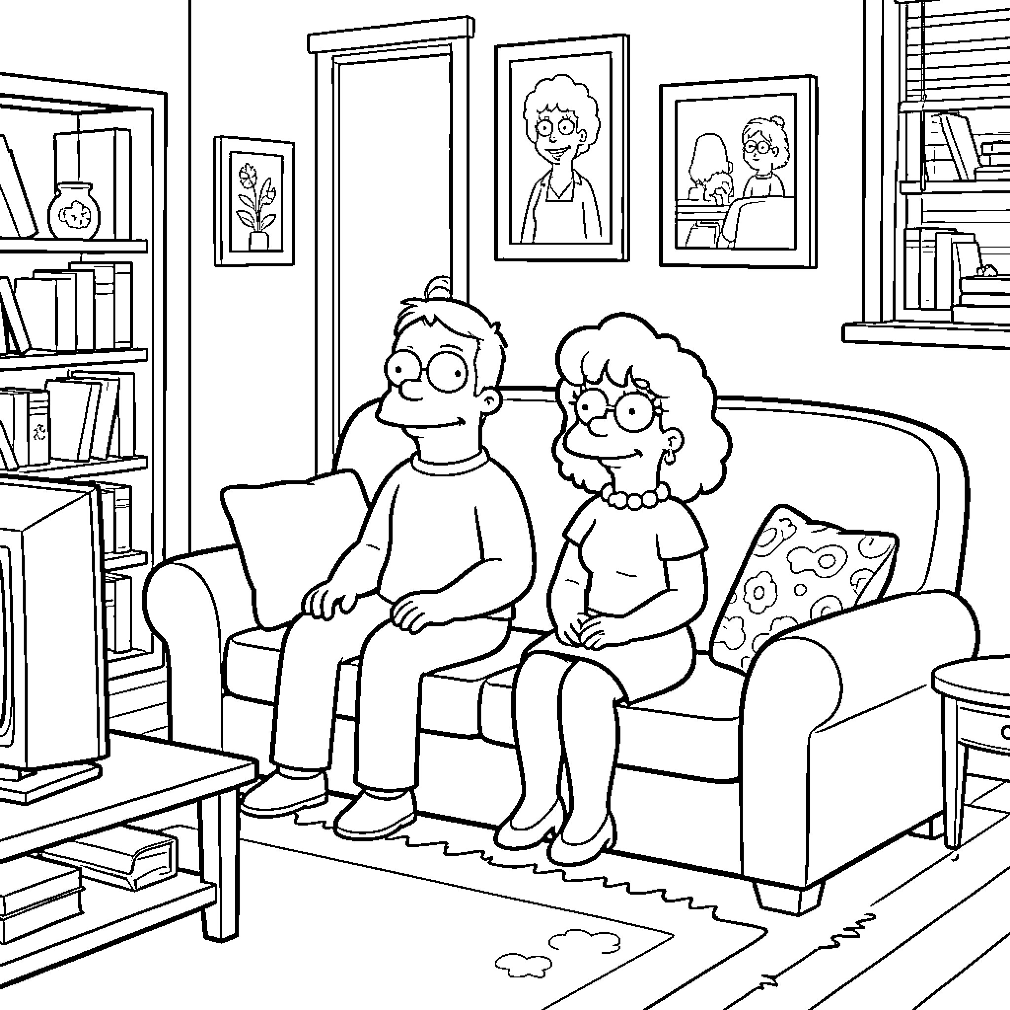 Homer Simpson and Marge Simpson relaxing on the couch Coloring Page (free black-and-white line drawing printable PDF for all, from beginners to advanced learners, including children, teens, adults, and seniors)