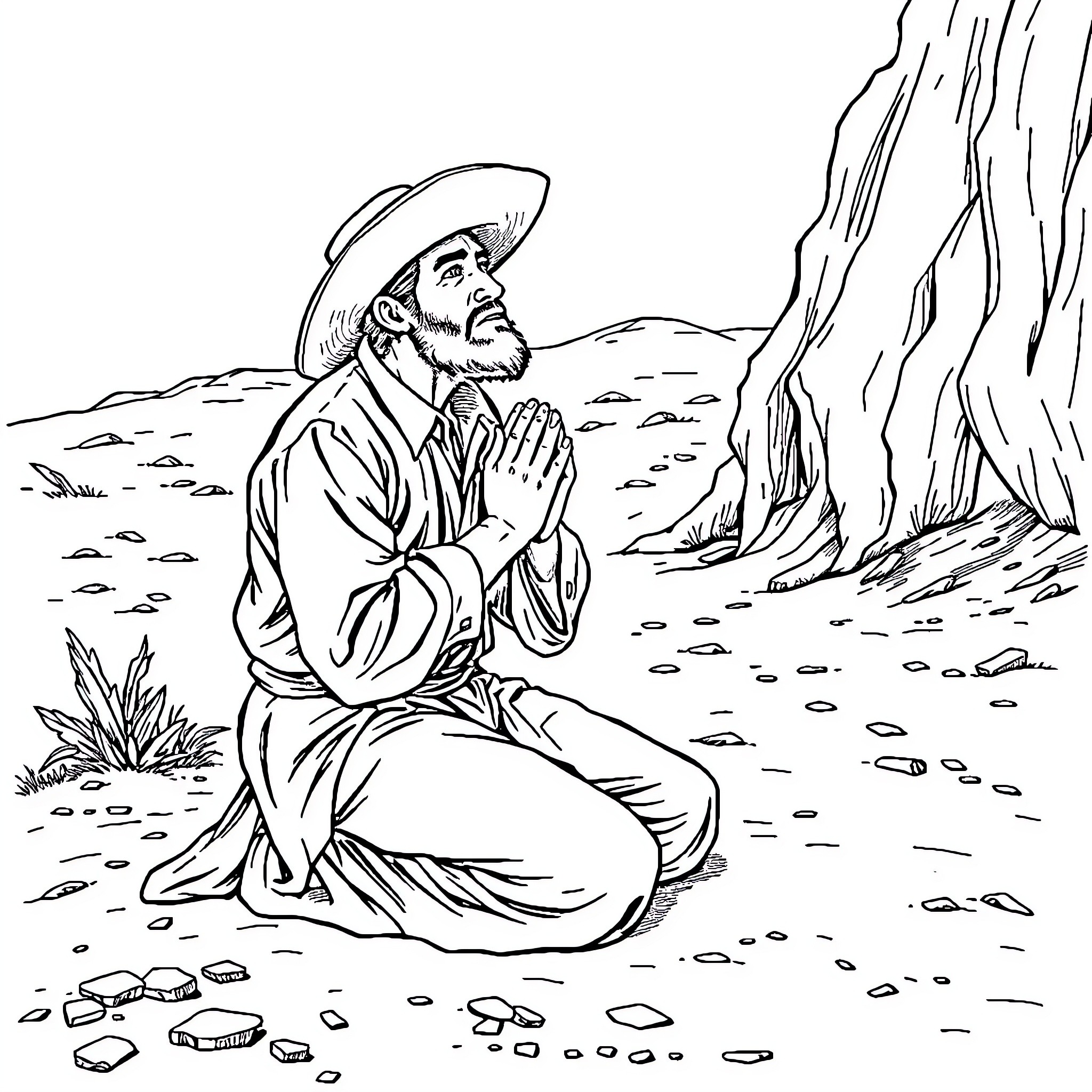 Man kneeling in prayer amid natural scenery Coloring Page (free black-and-white line drawing printable PDF for all, from beginners to advanced learners, including children, teens, adults, and seniors)