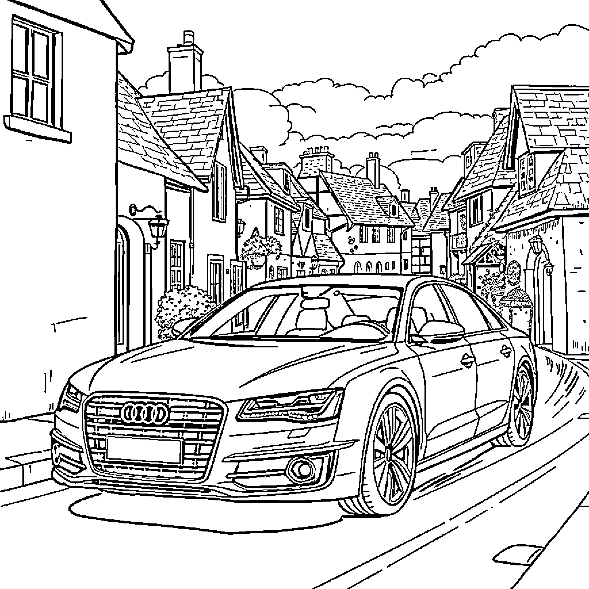 Audi luxury vehicle in a quaint European town Coloring Page (free black-and-white line drawing printable PDF for all, from beginners to advanced learners, including children, teens, adults, and seniors)