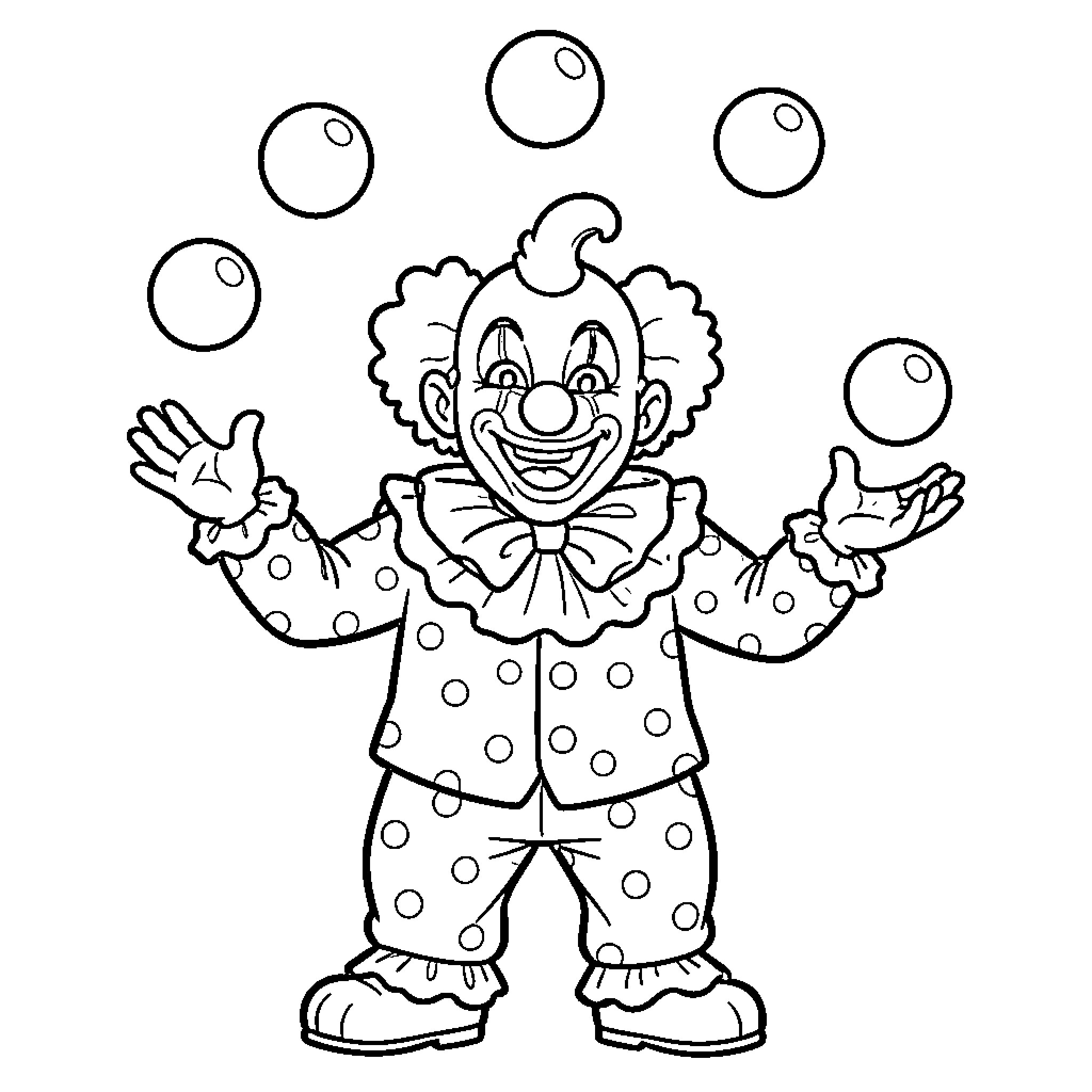 Clown happily juggling five balls in the air Coloring Page (free black-and-white line drawing printable PDF for all, from beginners to advanced learners, including children, teens, adults, and seniors)