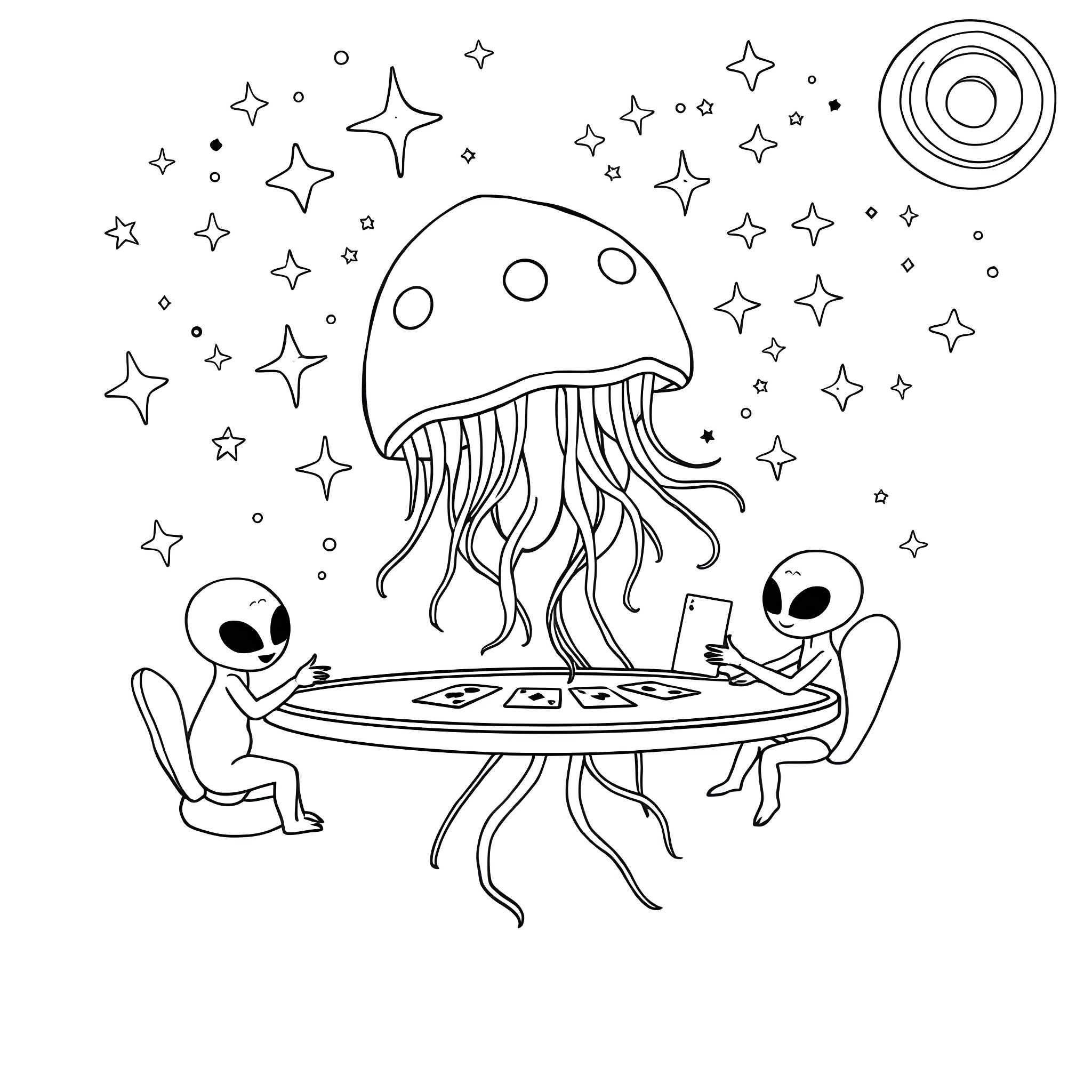 Jellyfish playing games with alien friends in the cosmos Coloring Page (free black-and-white line drawing printable PDF for all, from beginners to advanced learners, including children, teens, adults, and seniors)