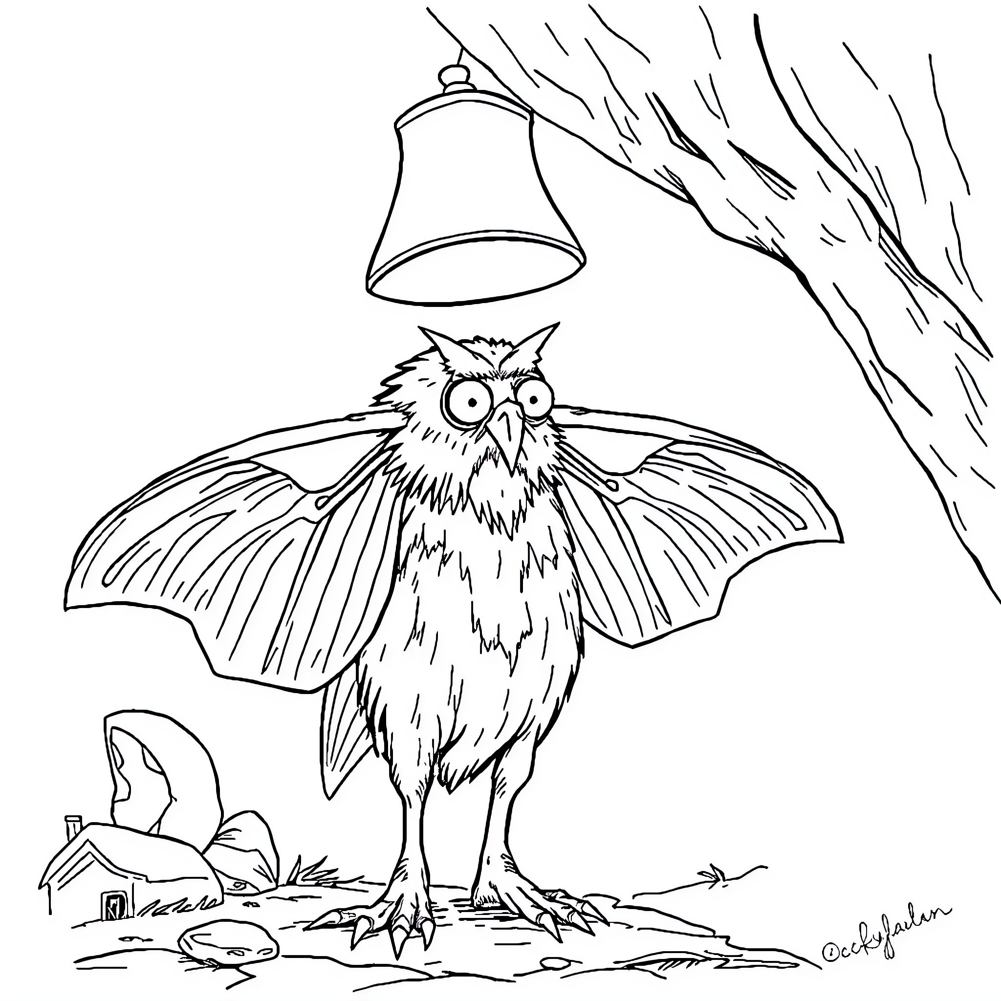 Mothman observes the ringing bell under stormy skies Coloring Page (free black-and-white line drawing printable PDF for all, from beginners to advanced learners, including children, teens, adults, and seniors)