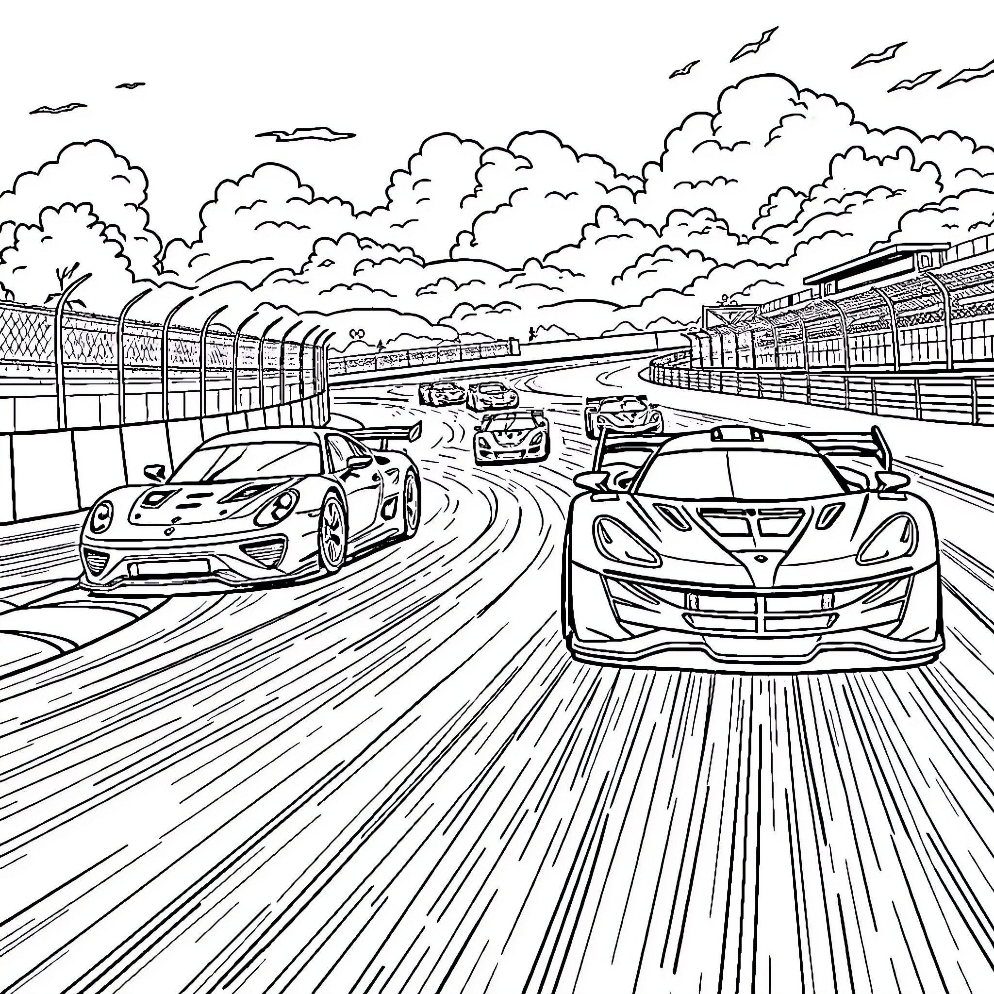 Cars racing on a track with spectators Coloring Page (free black-and-white line drawing printable PDF for all, from beginners to advanced learners, including children, teens, adults, and seniors)