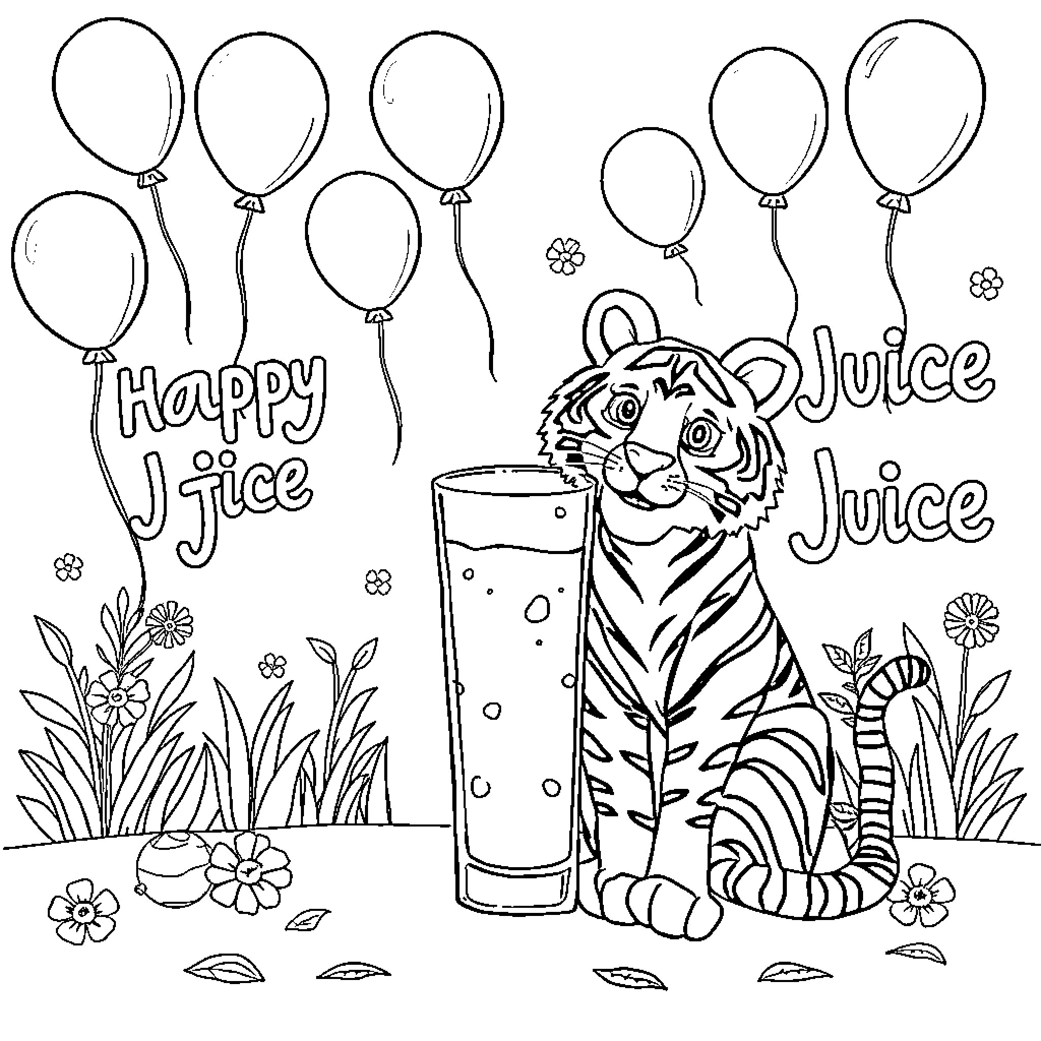 Tiger enjoying a happy juice break with balloons Coloring Page (free black-and-white line drawing printable PDF for all, from beginners to advanced learners, including children, teens, adults, and seniors)
