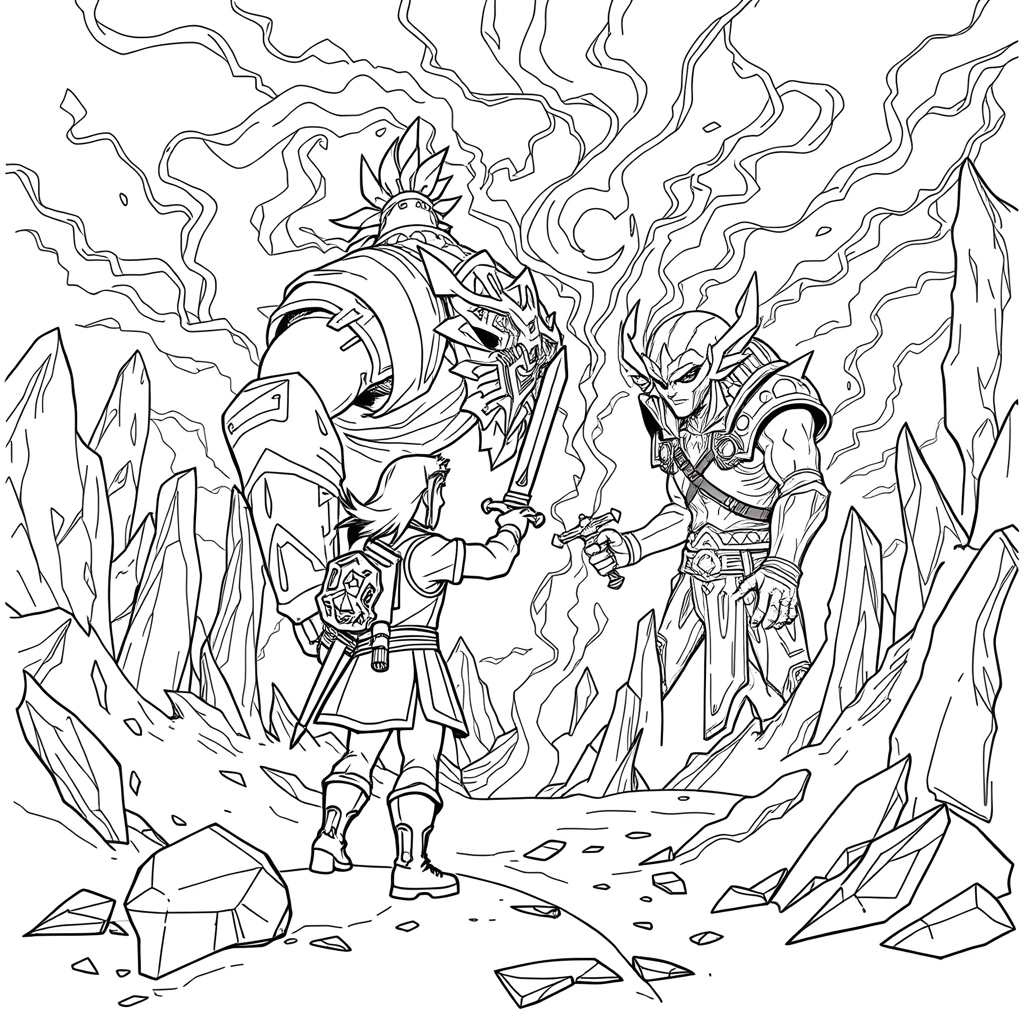 Link's Epic Confrontation with a Formidable Foe Coloring Page (free black-and-white line drawing printable PDF for all, from beginners to advanced learners, including children, teens, adults, and seniors)