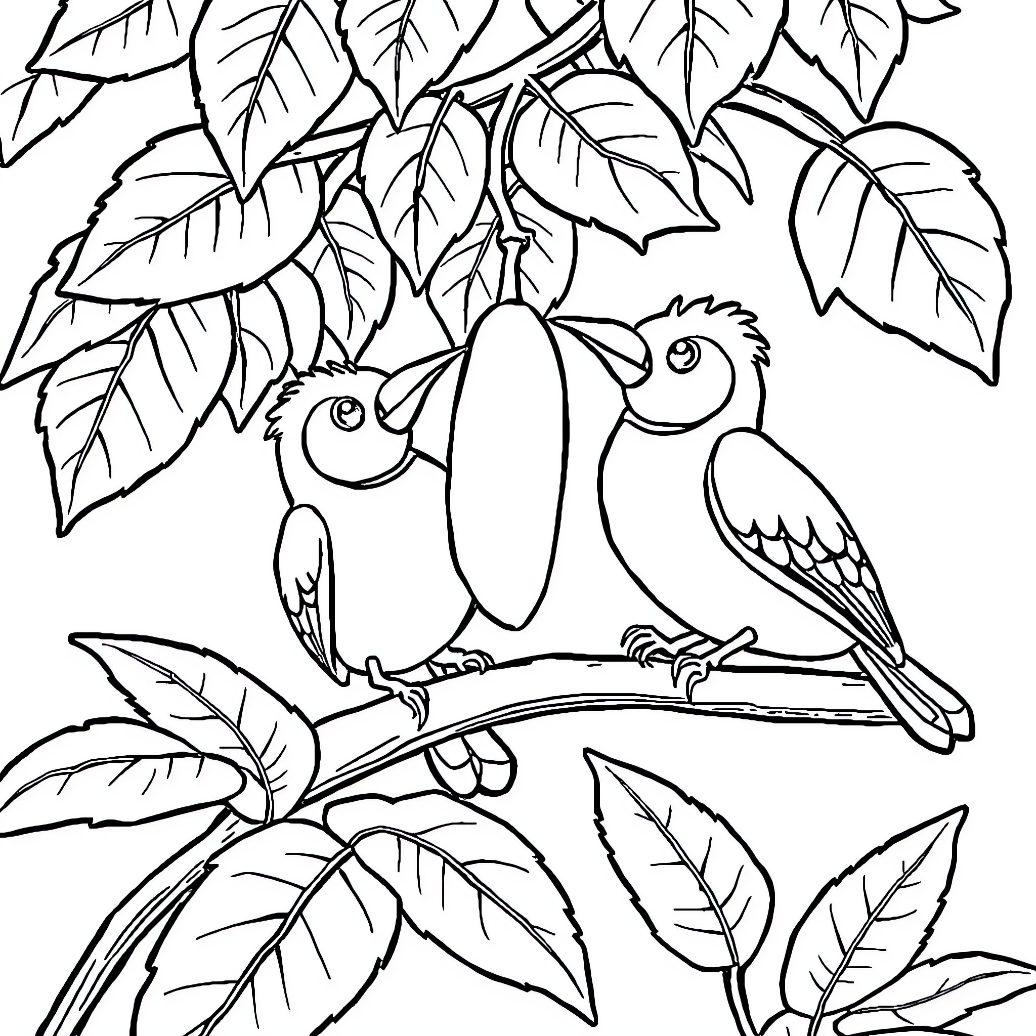Paw Patrol Parrots Playing in the Jungle Coloring Page (free black-and-white line drawing printable PDF for all, from beginners to advanced learners, including children, teens, adults, and seniors)