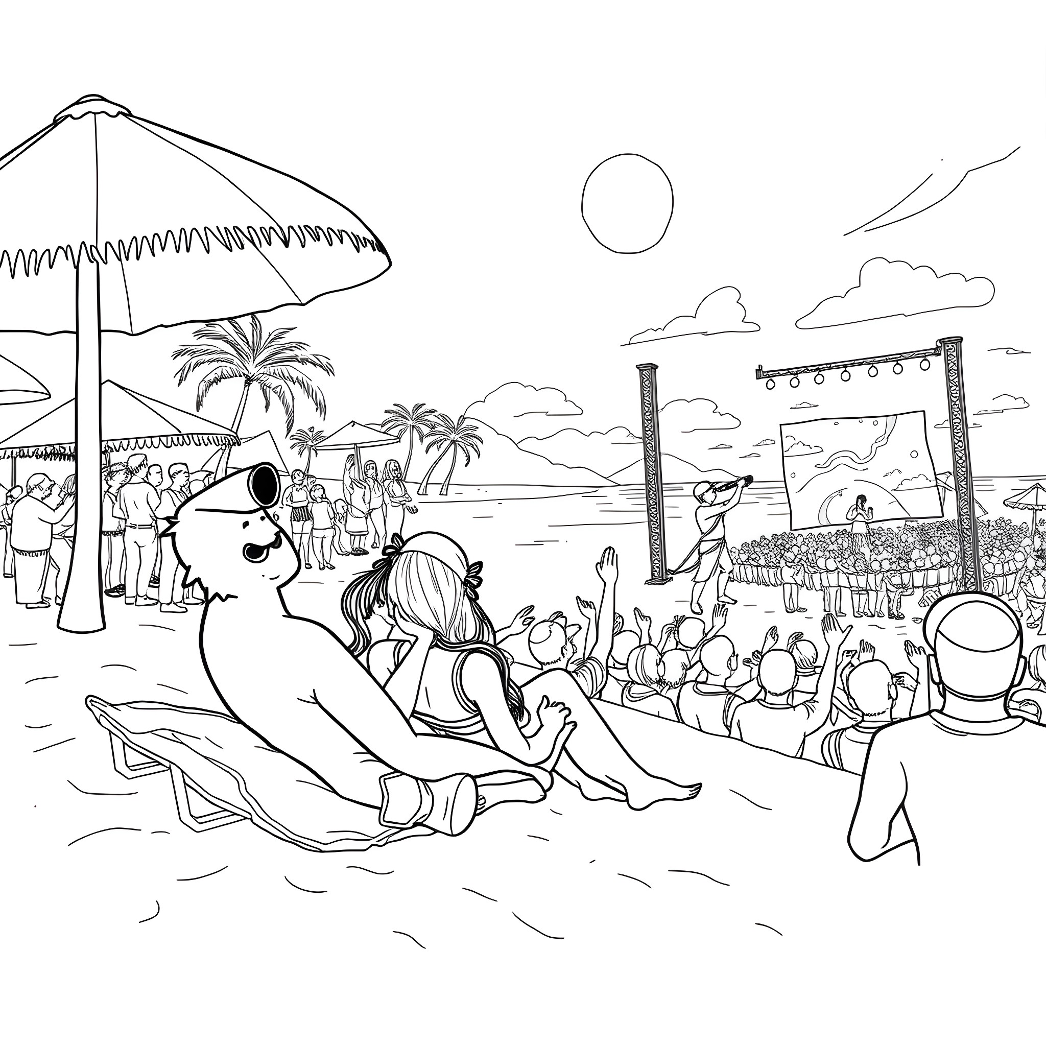 Joe Burrow Relaxing at the Beach with Fans Coloring Page (free black-and-white line drawing printable PDF for all, from beginners to advanced learners, including children, teens, adults, and seniors)