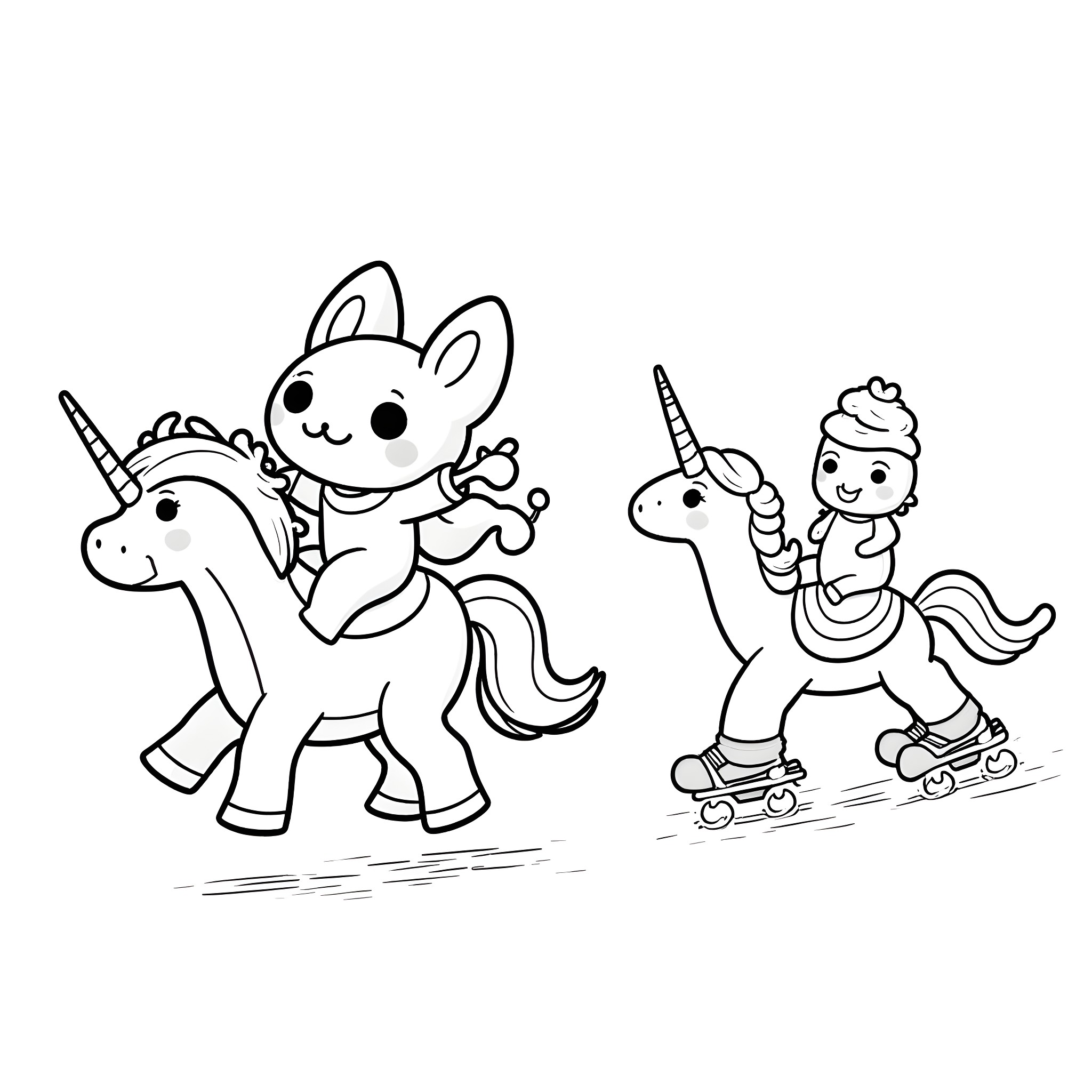 Axolotl riding unicorn and children on roller skates Coloring Page (free black-and-white line drawing printable PDF for all, from beginners to advanced learners, including children, teens, adults, and seniors)