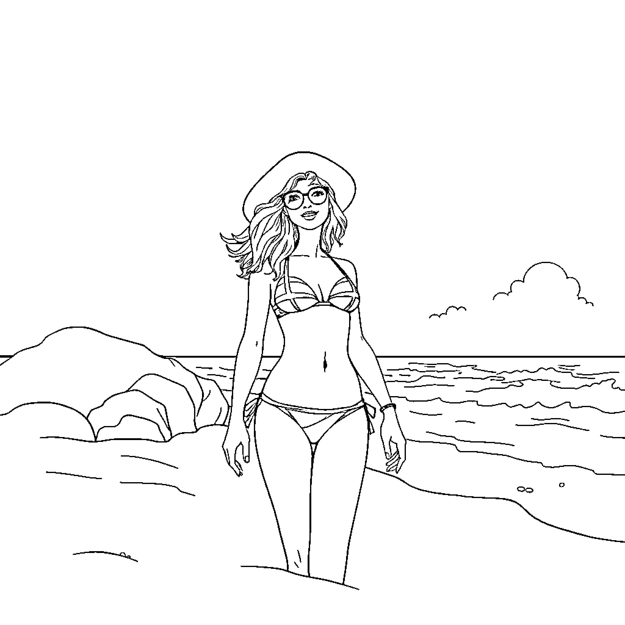 Bikini Girl Enjoying the Beach Coloring Page (free black-and-white line drawing printable PDF for all, from beginners to advanced learners, including children, teens, adults, and seniors)