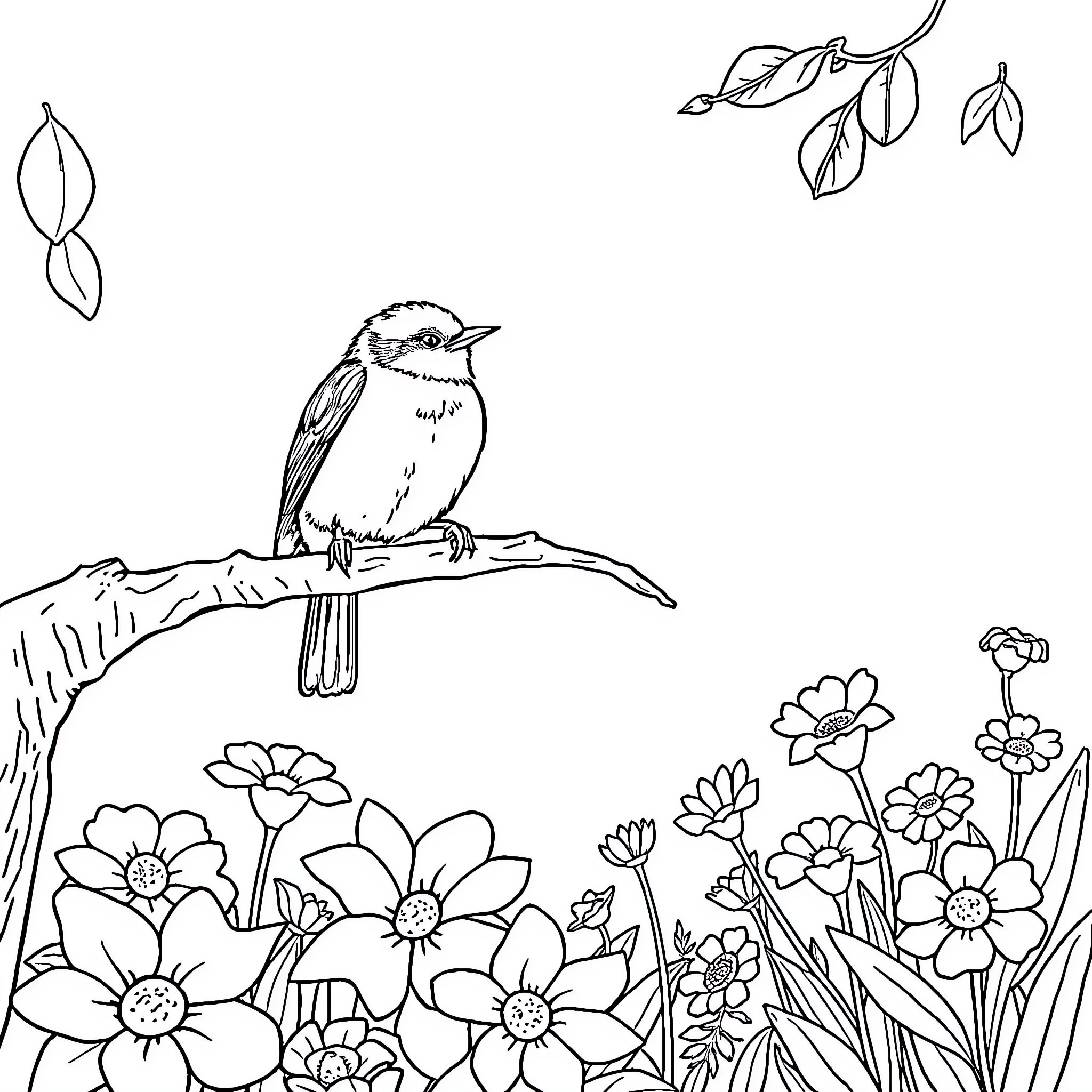 Bird perched on branch among vibrant flowers Coloring Page (free black-and-white line drawing printable PDF for all, from beginners to advanced learners, including children, teens, adults, and seniors)