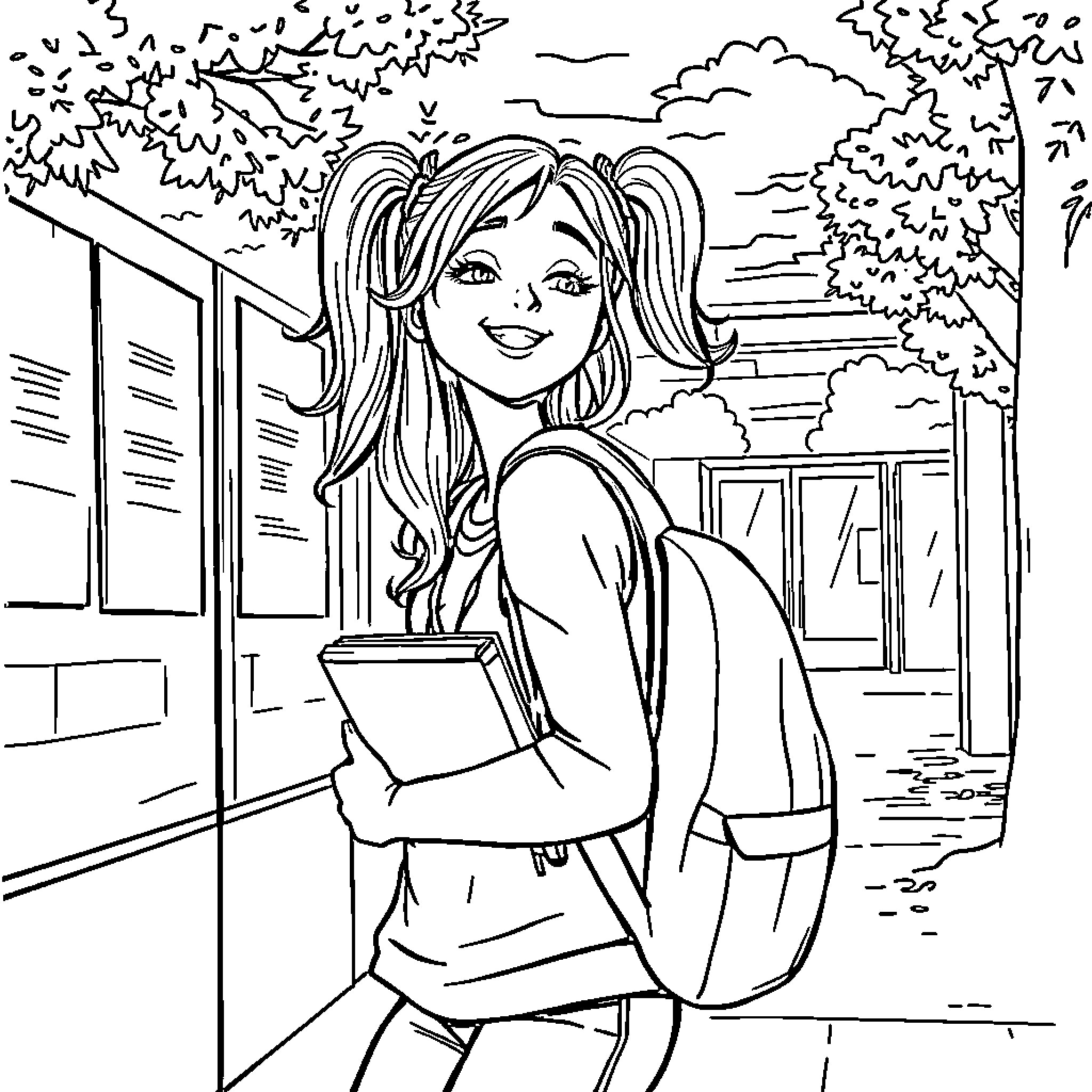 Hayley Quinn smiling and walking through school grounds Coloring Page (free black-and-white line drawing printable PDF for all, from beginners to advanced learners, including children, teens, adults, and seniors)