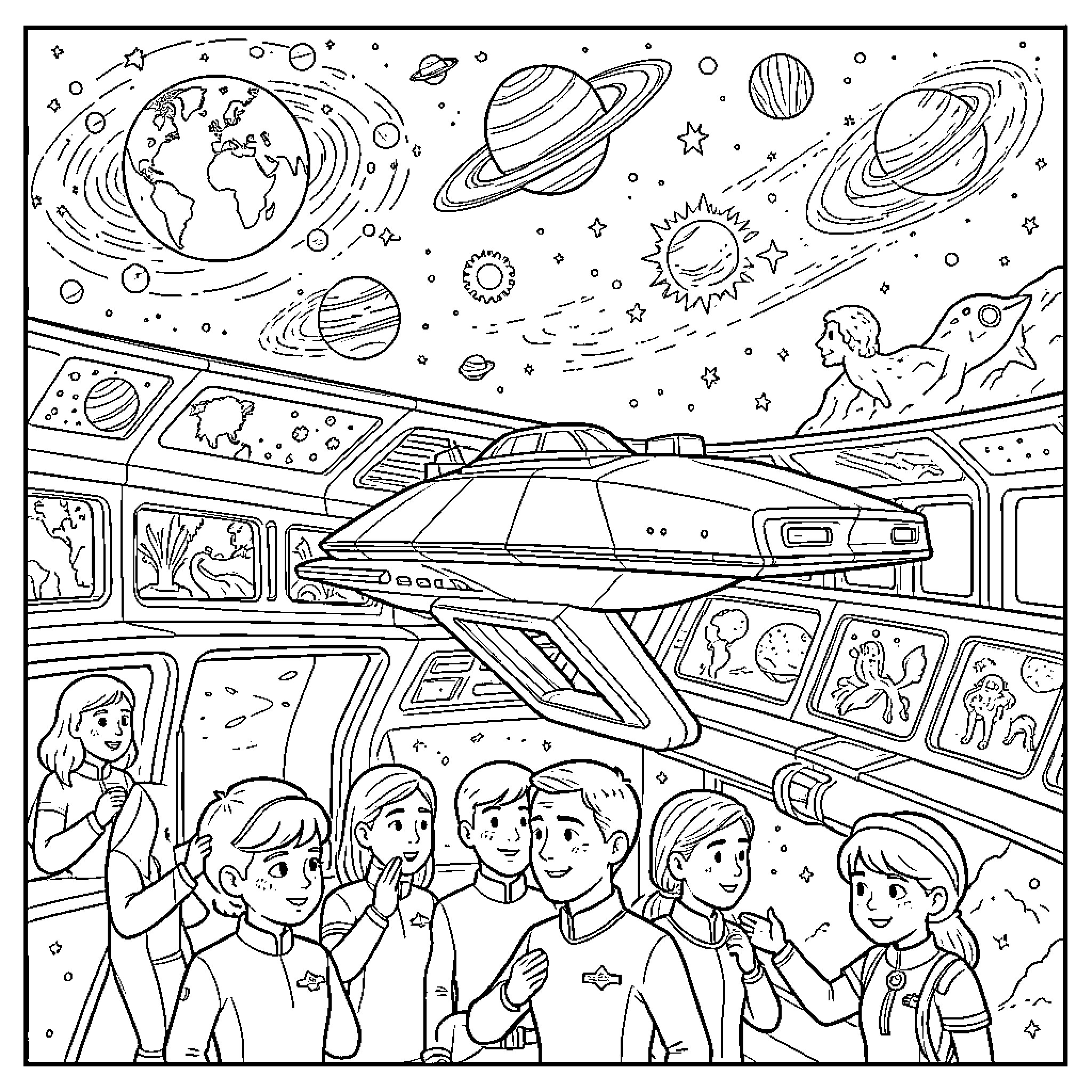 Star Trek: Crew Exploring Futuristic Space Vessel Coloring Page (free black-and-white line drawing printable PDF for all, from beginners to advanced learners, including children, teens, adults, and seniors)