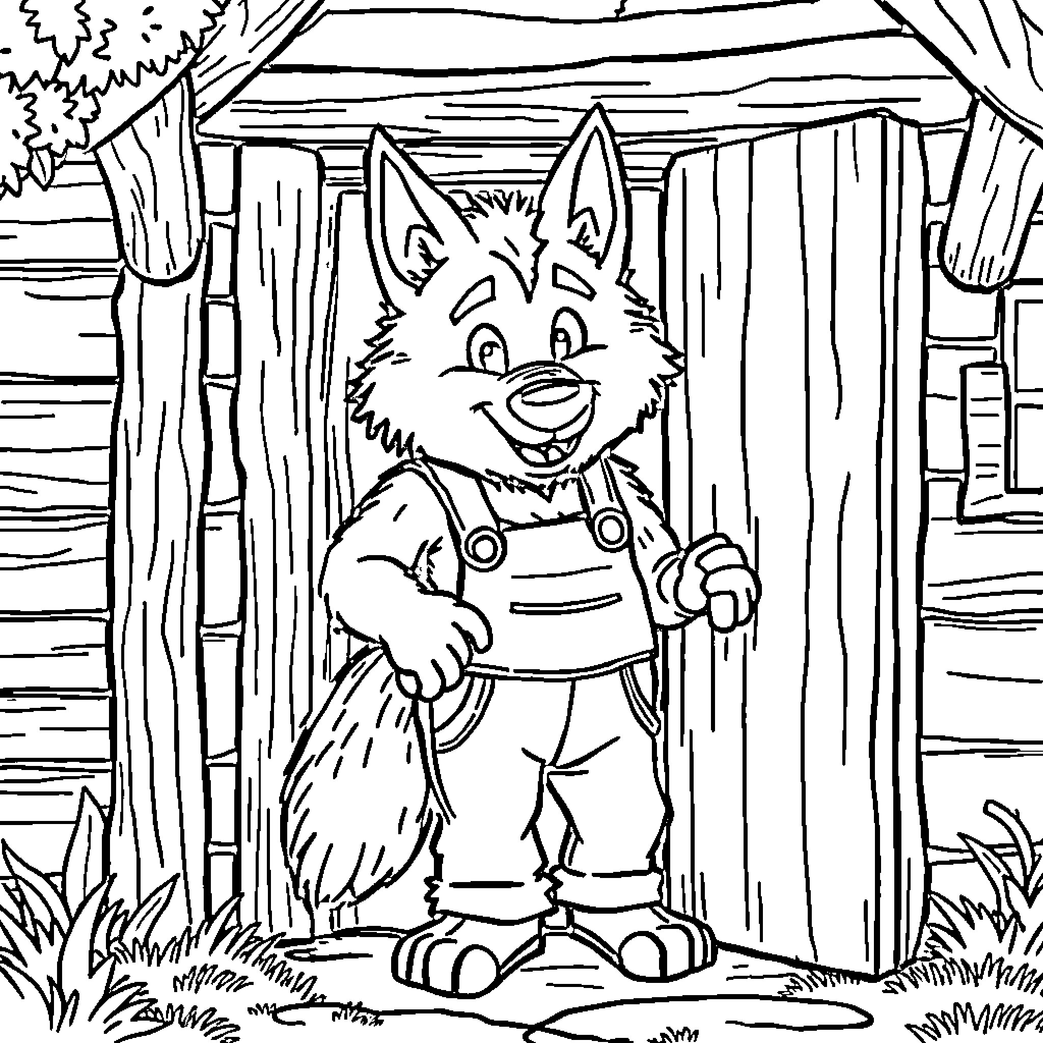 Wolf in overalls standing at the cottage door Coloring Page (free black-and-white line drawing printable PDF for all, from beginners to advanced learners, including children, teens, adults, and seniors)