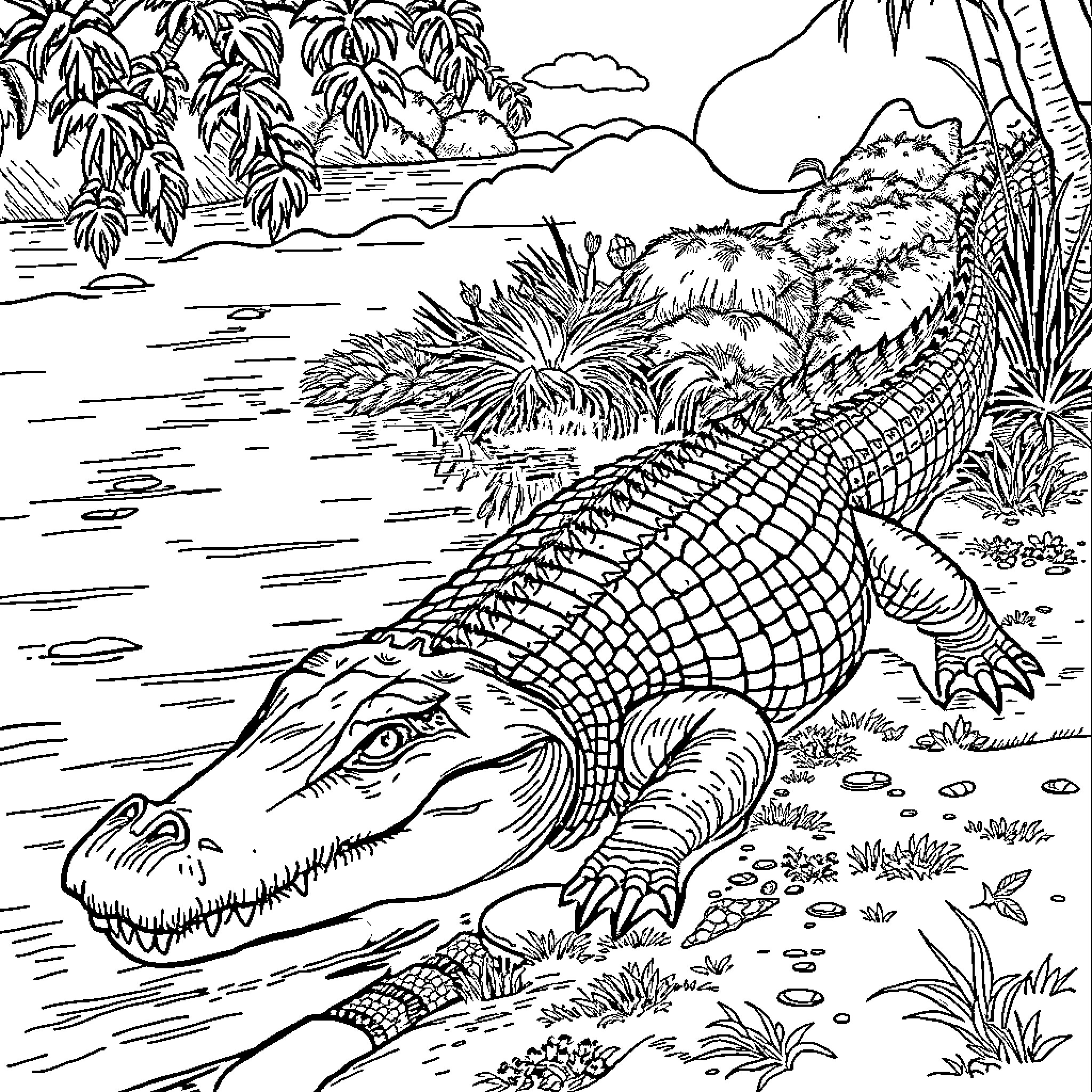Crocodile resting near a tropical lake Coloring Page (free black-and-white line drawing printable PDF for all, from beginners to advanced learners, including children, teens, adults, and seniors)