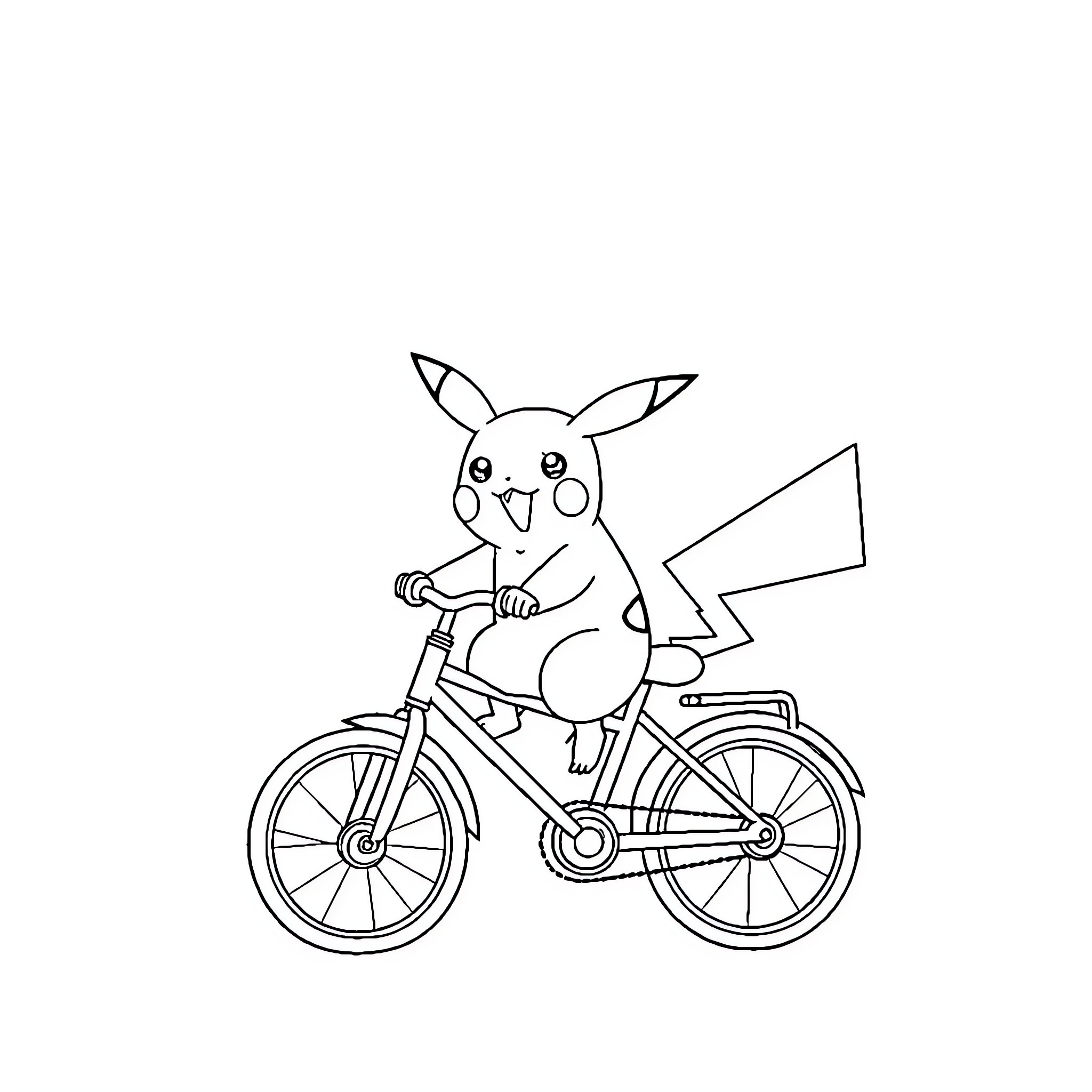 Pikachu riding a bicycle happily Coloring Page (free black-and-white line drawing printable PDF for all, from beginners to advanced learners, including children, teens, adults, and seniors)
