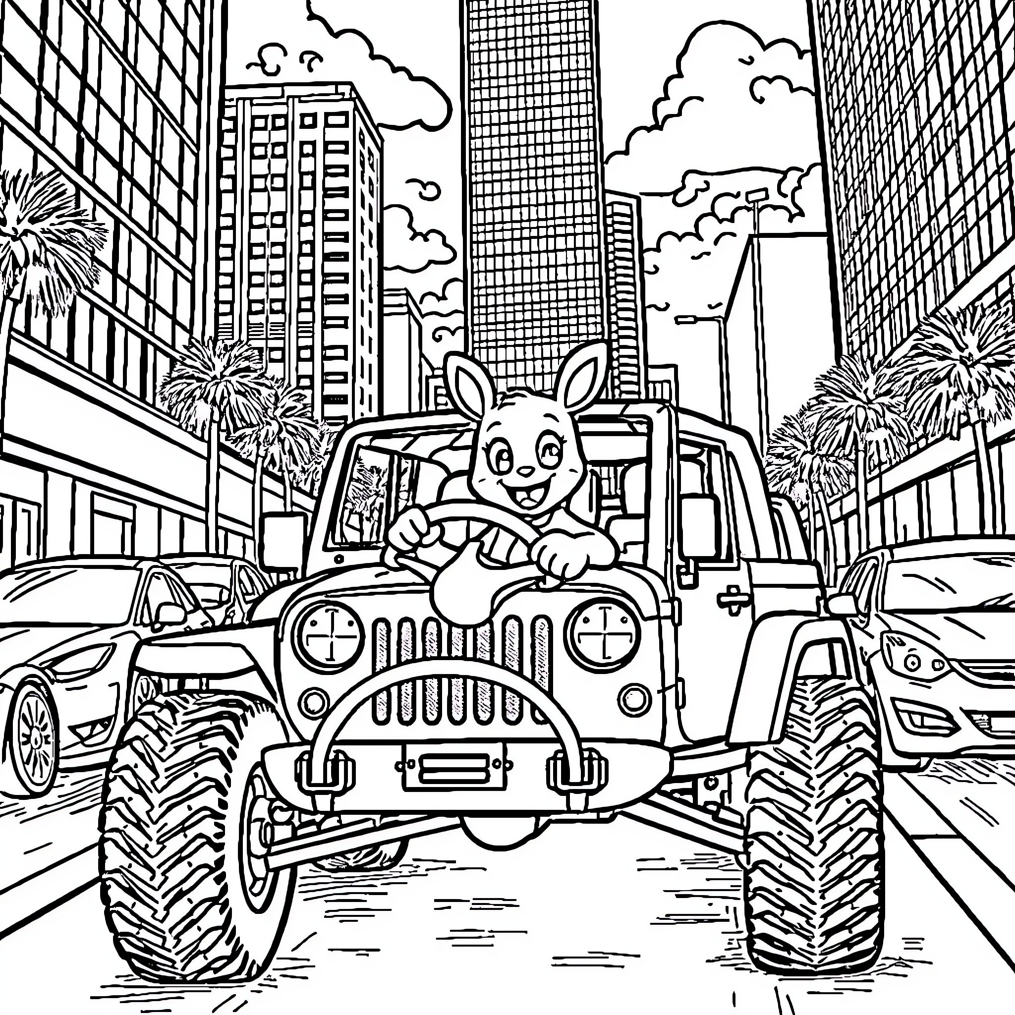 Bluey driving a monster truck through the city Coloring Page (free black-and-white line drawing printable PDF for all, from beginners to advanced learners, including children, teens, adults, and seniors)