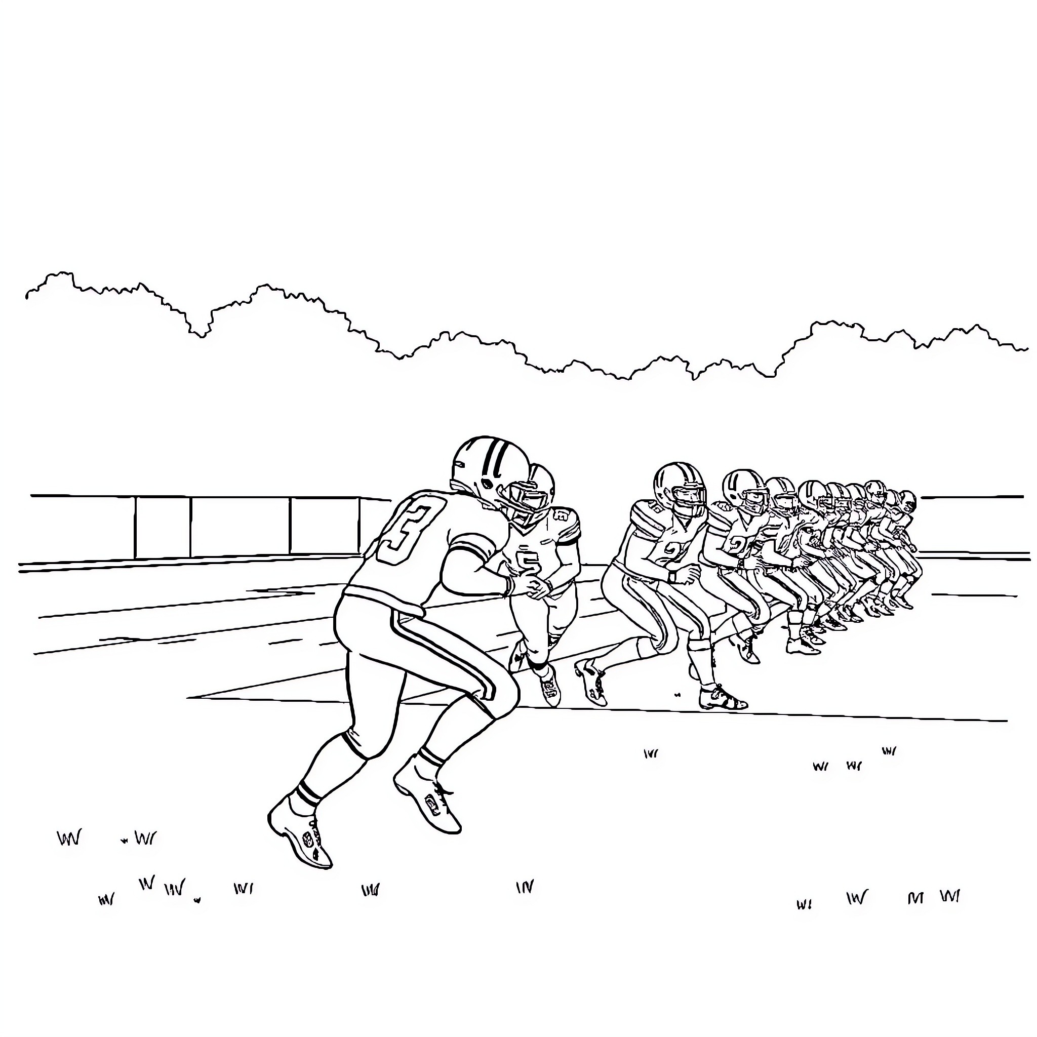 Football Team Gearing Up for the Game Coloring Page (free black-and-white line drawing printable PDF for all, from beginners to advanced learners, including children, teens, adults, and seniors)