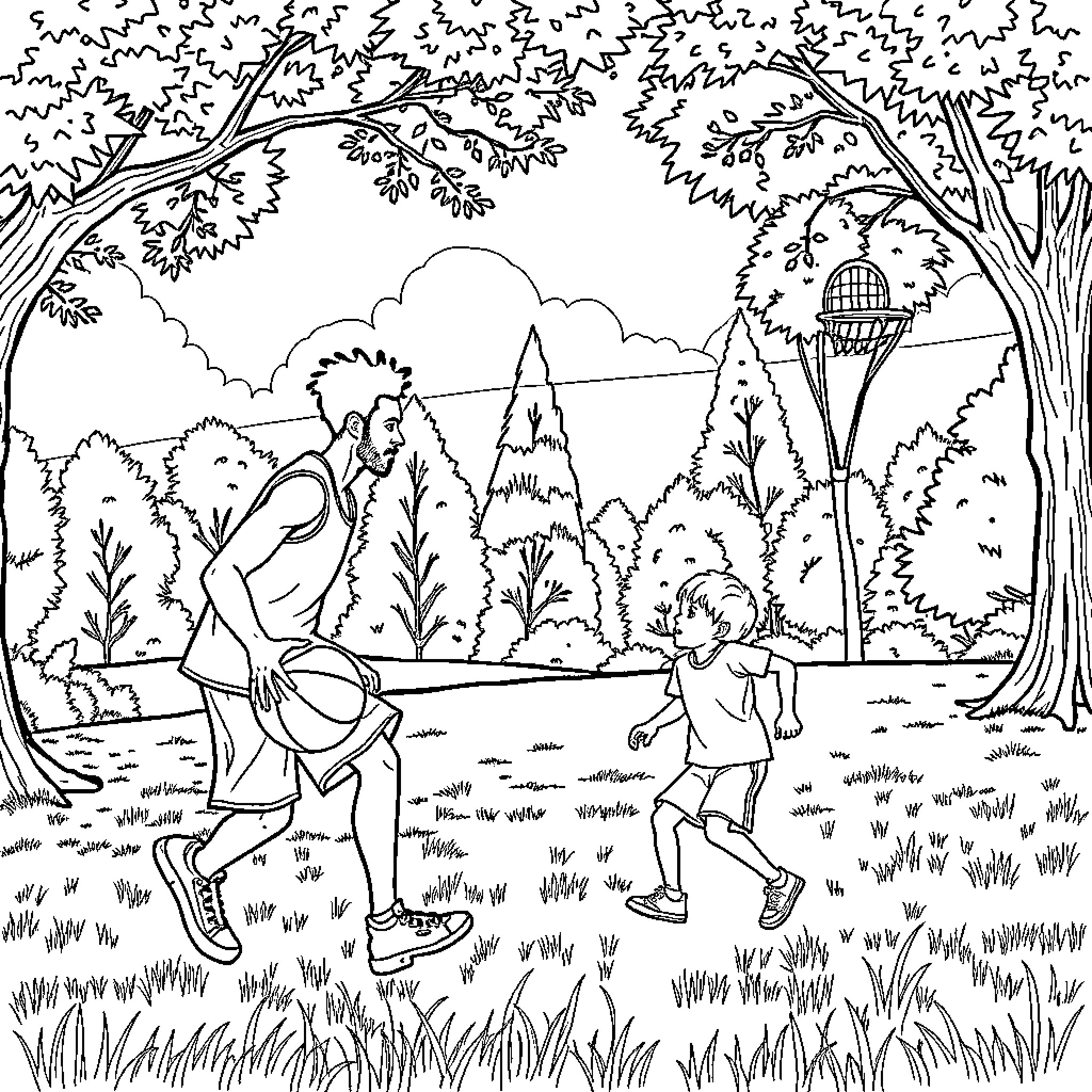 Basketball players in a whimsical forest setting Coloring Page (free black-and-white line drawing printable PDF for all, from beginners to advanced learners, including children, teens, adults, and seniors)