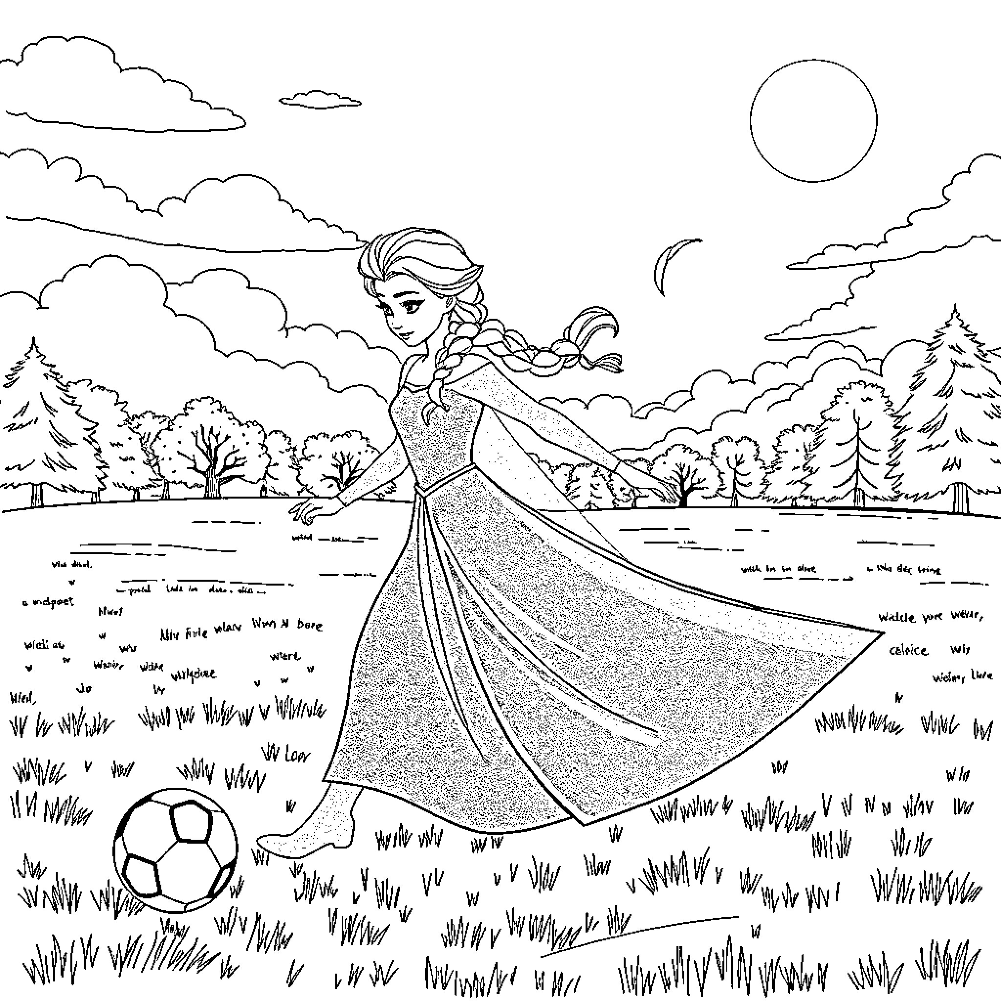 Elsa playing with a soccer ball in the meadow Coloring Page (free black-and-white line drawing printable PDF for all, from beginners to advanced learners, including children, teens, adults, and seniors)