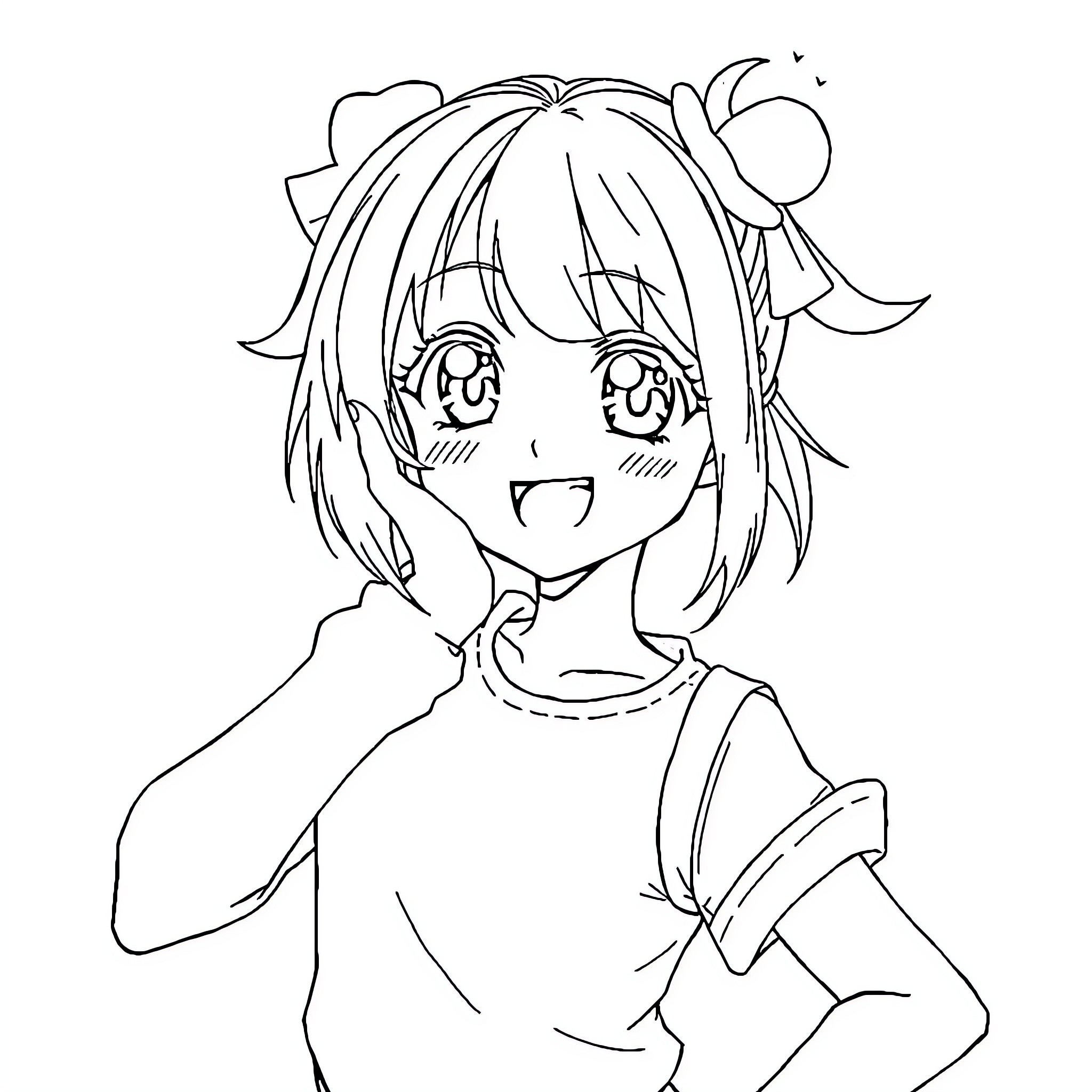 Anime Girl Expressing Excitement and Joy Coloring Page (free black-and-white line drawing printable PDF for all, from beginners to advanced learners, including children, teens, adults, and seniors)