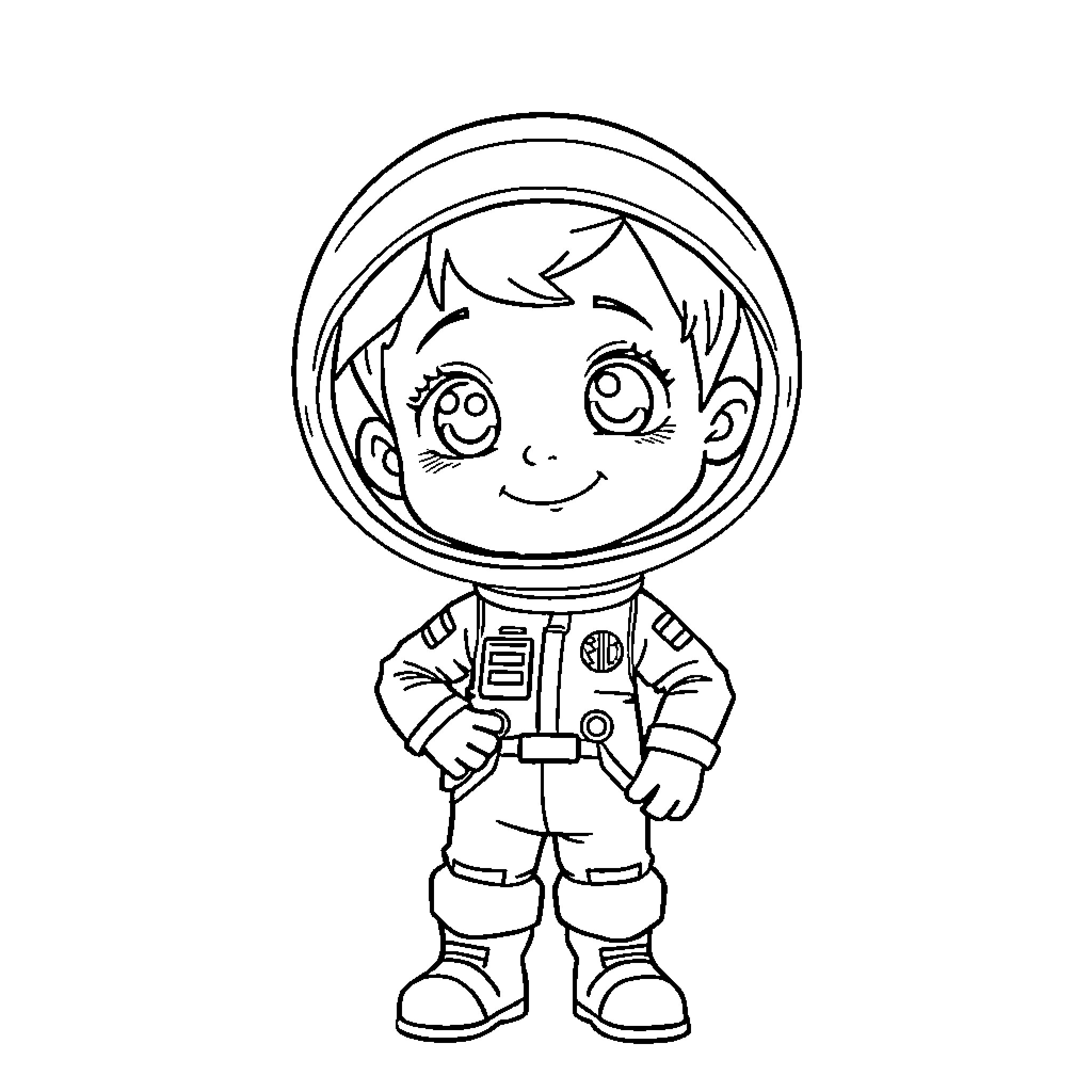 Child astronaut in space suit with happy expression Coloring Page (free black-and-white line drawing printable PDF for all, from beginners to advanced learners, including children, teens, adults, and seniors)