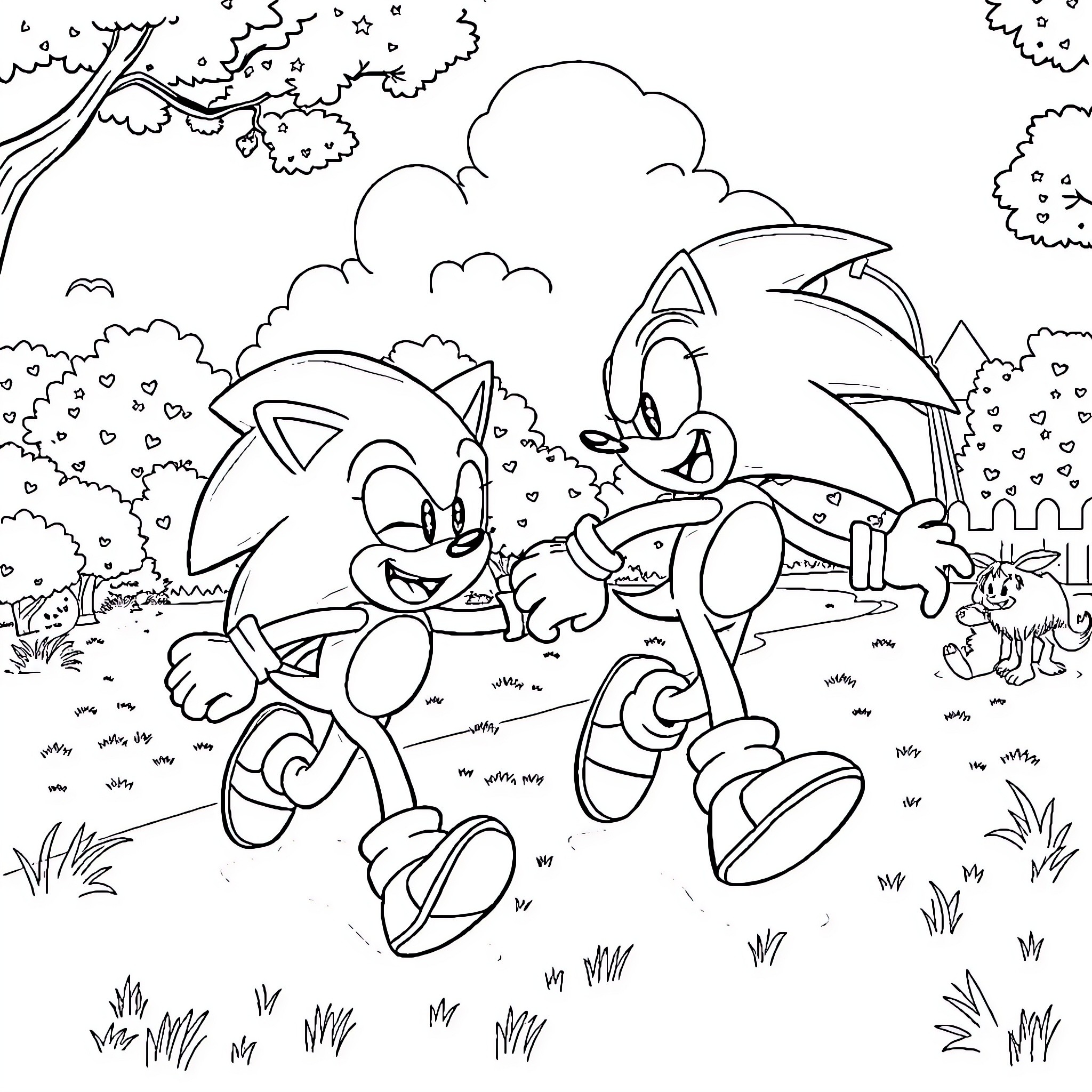 Bluey and Sonic the Hedgehog running through the woods Coloring Page (free black-and-white line drawing printable PDF for all, from beginners to advanced learners, including children, teens, adults, and seniors)