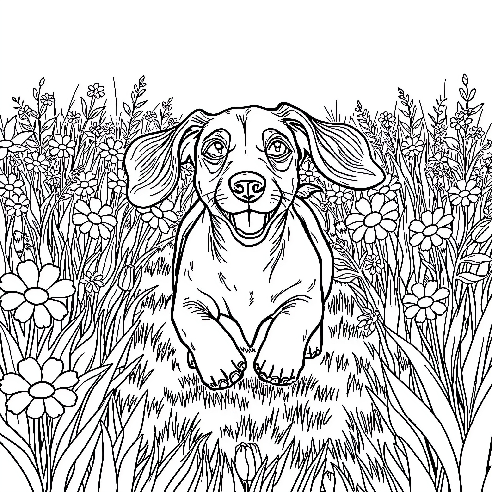 Wiener Dog surrounded by blooming flowers in a field Coloring Page (free black-and-white line drawing printable PDF for all, from beginners to advanced learners, including children, teens, adults, and seniors)