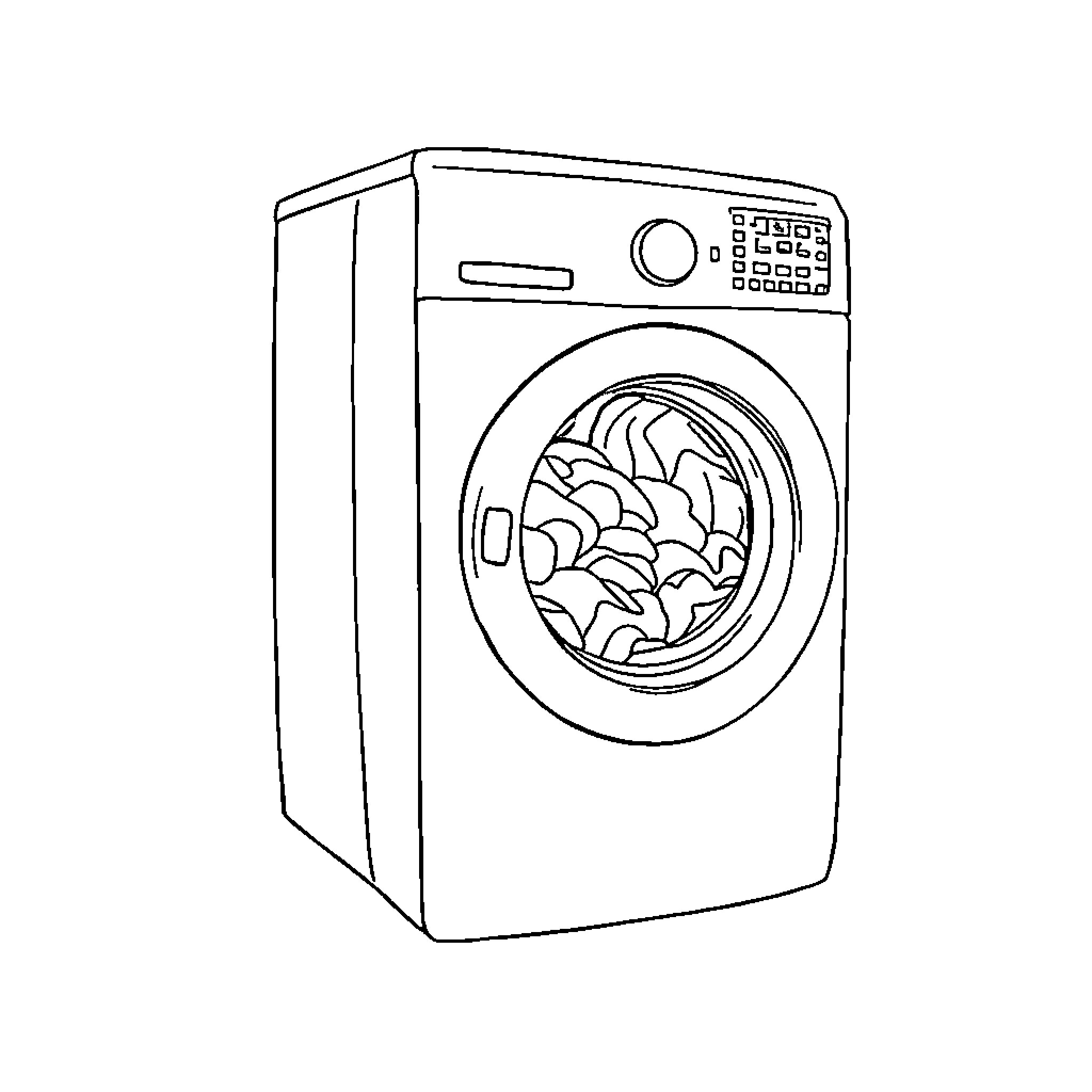 Washing Machine with Clothes Tumbling Coloring Page (free black-and-white line drawing printable PDF for all, from beginners to advanced learners, including children, teens, adults, and seniors)