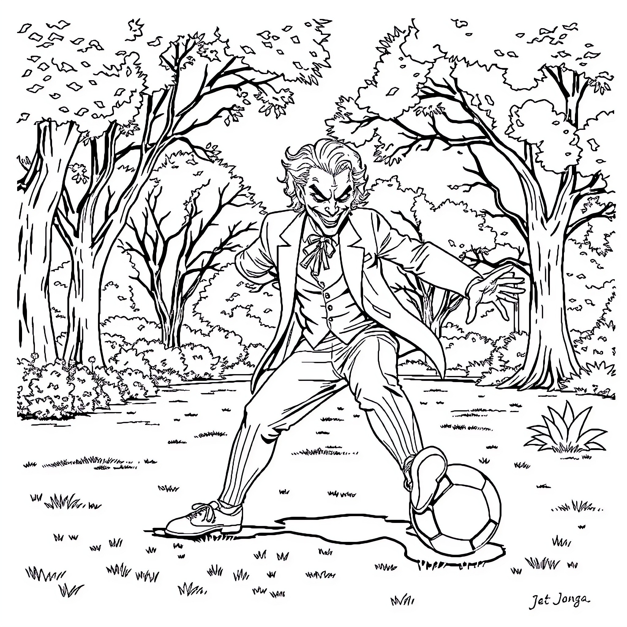 Joker's Mischievous Adventure in the Forest Coloring Page (free black-and-white line drawing printable PDF for all, from beginners to advanced learners, including children, teens, adults, and seniors)