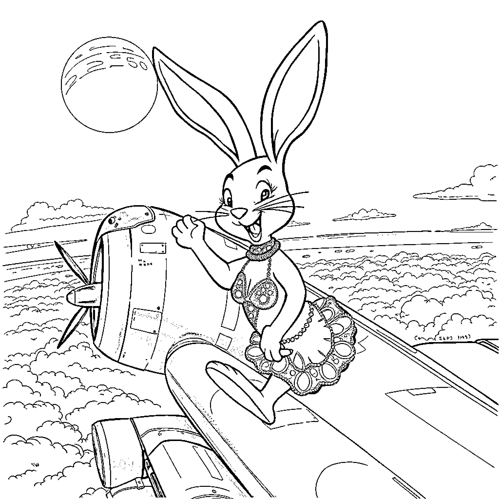 Rabbit pilot soaring through the clouds Coloring Page (free black-and-white line drawing printable PDF for all, from beginners to advanced learners, including children, teens, adults, and seniors)