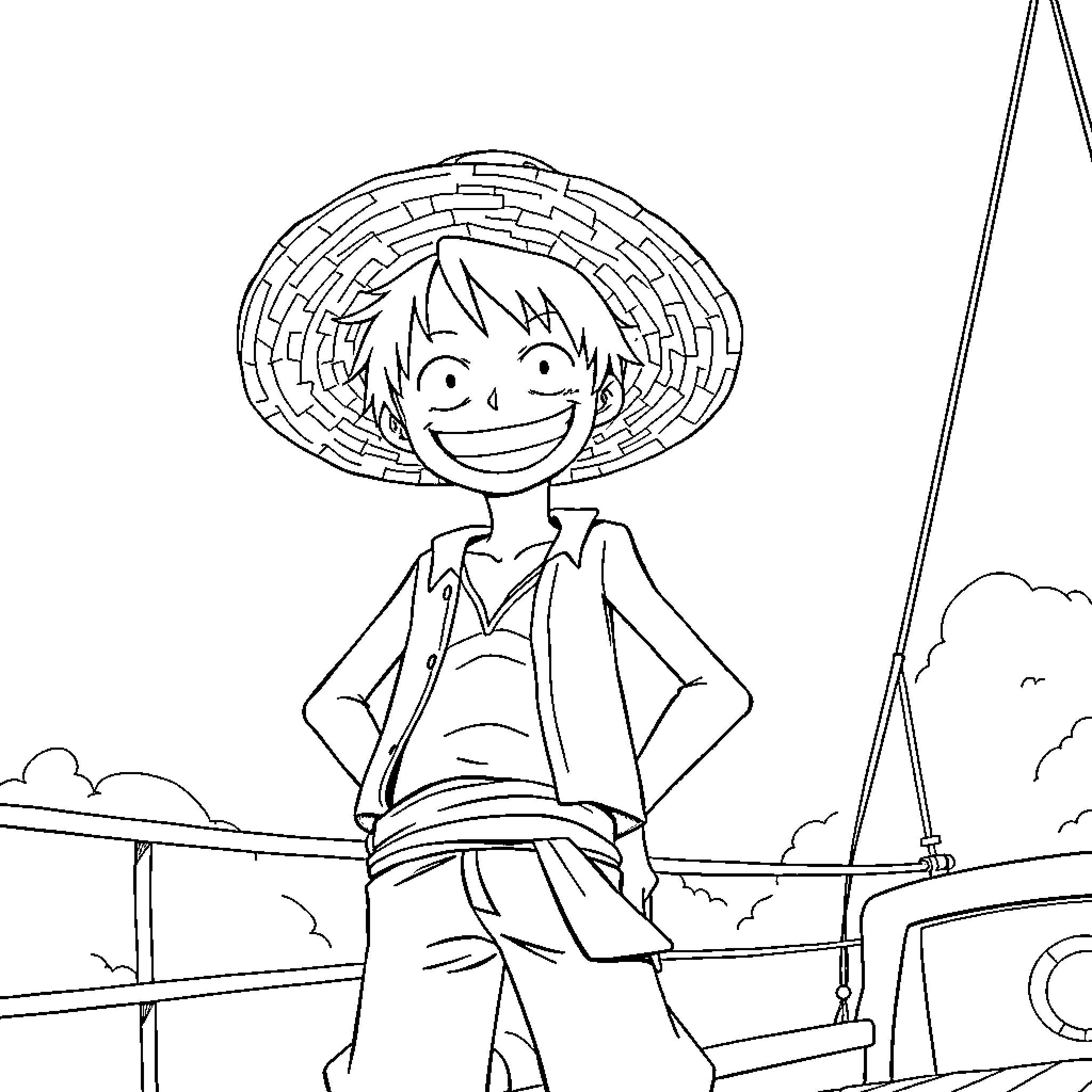 Luffy's Joyful Adventure on the High Seas Coloring Page (free black-and-white line drawing printable PDF for all, from beginners to advanced learners, including children, teens, adults, and seniors)