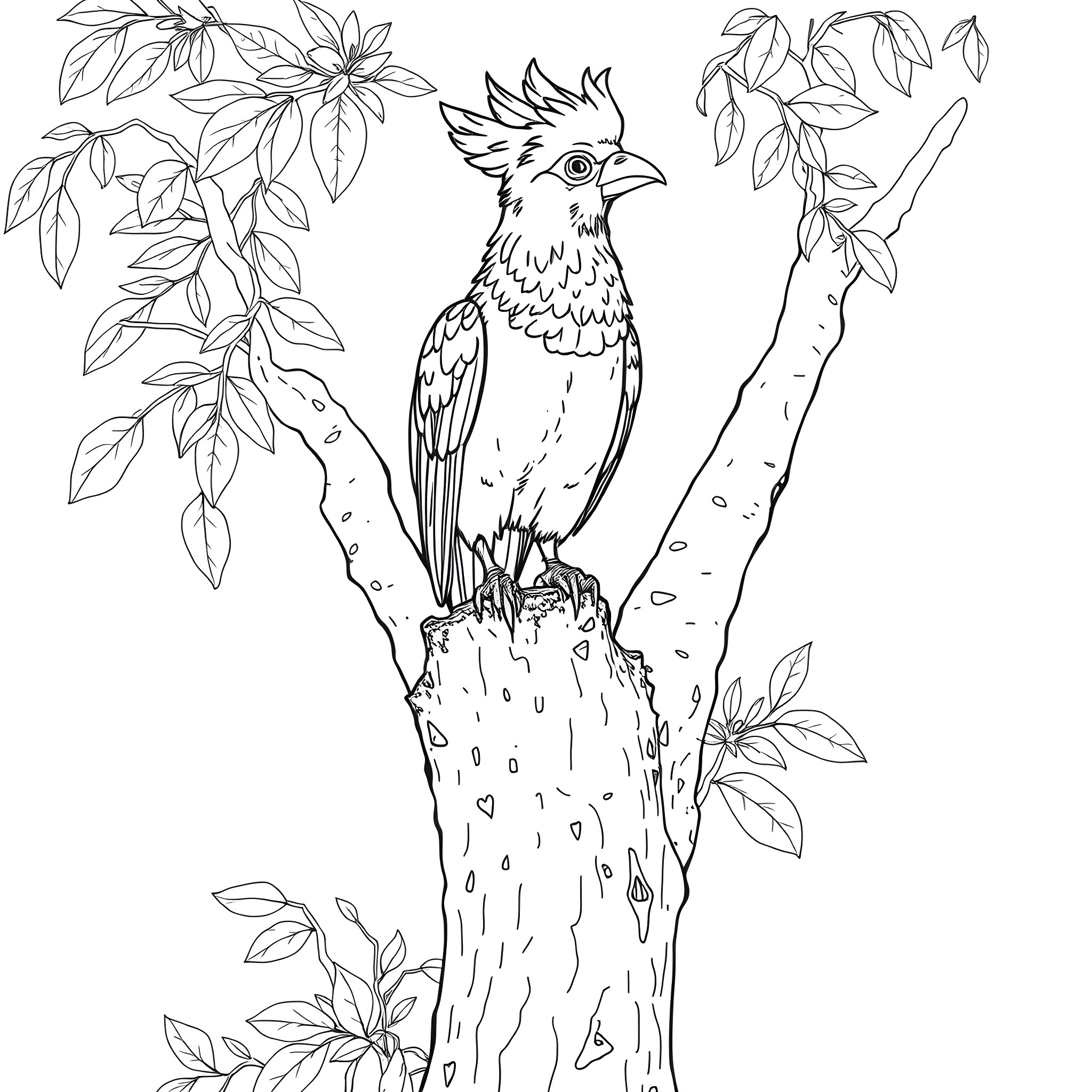 Guianan Cock of the Rock perched on tree branch Coloring Page (free black-and-white line drawing printable PDF for all, from beginners to advanced learners, including children, teens, adults, and seniors)