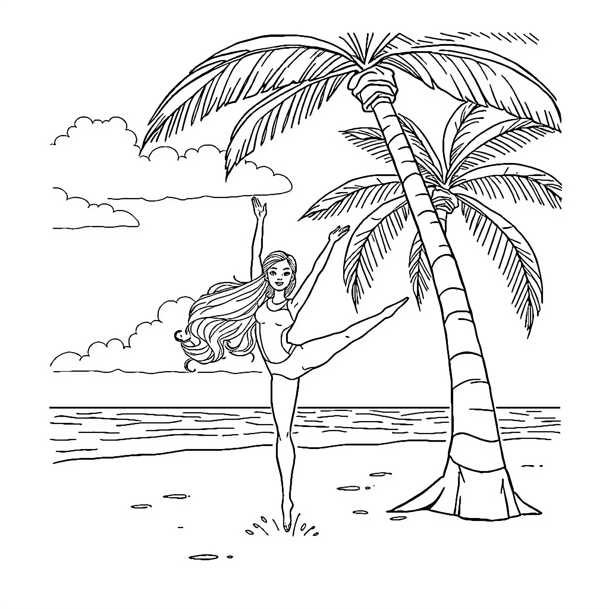 Barbie relaxing on a tropical beach Coloring Page (free black-and-white line drawing printable PDF for all, from beginners to advanced learners, including children, teens, adults, and seniors)