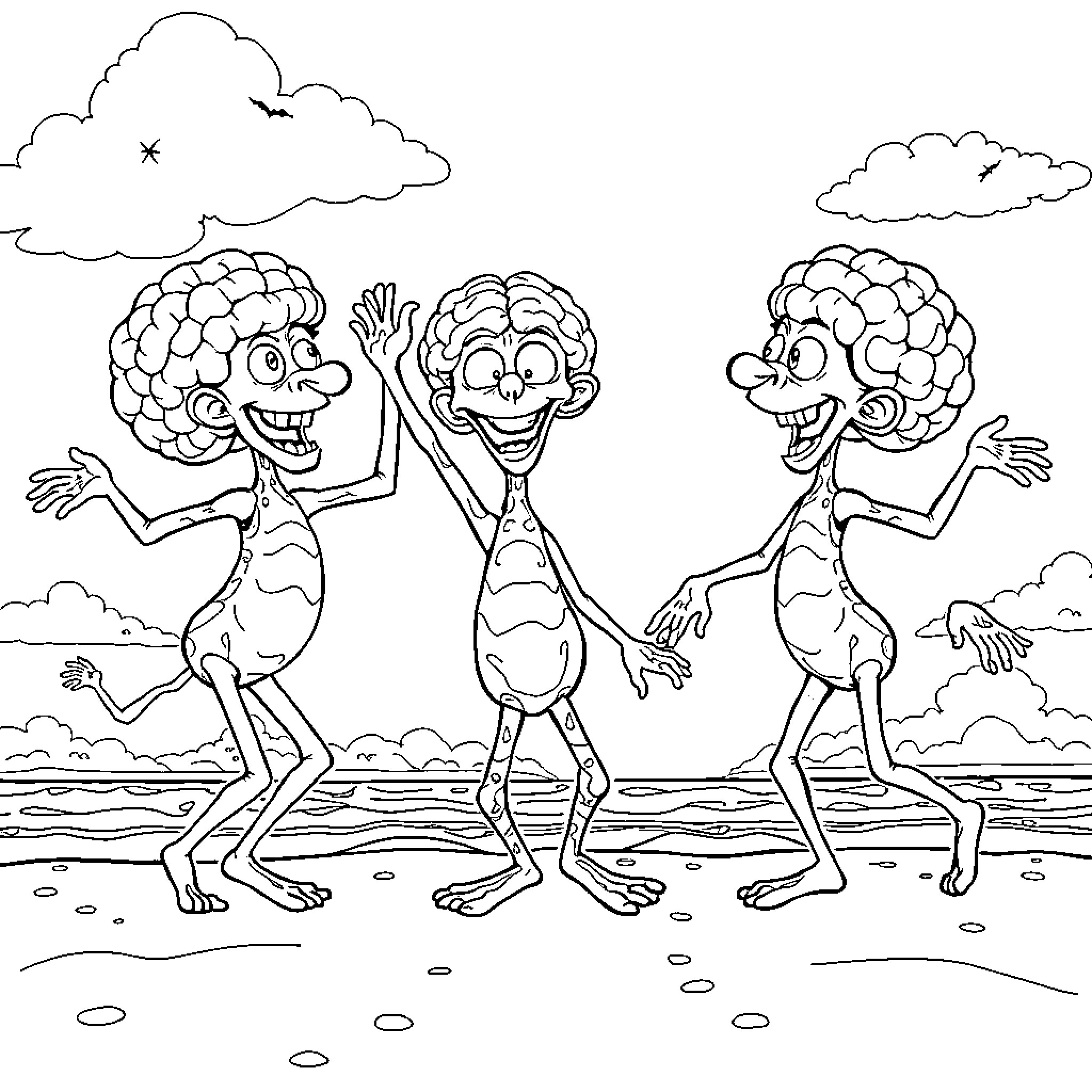 Character Brains Excited and Dancing in the Park Coloring Page (free black-and-white line drawing printable PDF for all, from beginners to advanced learners, including children, teens, adults, and seniors)