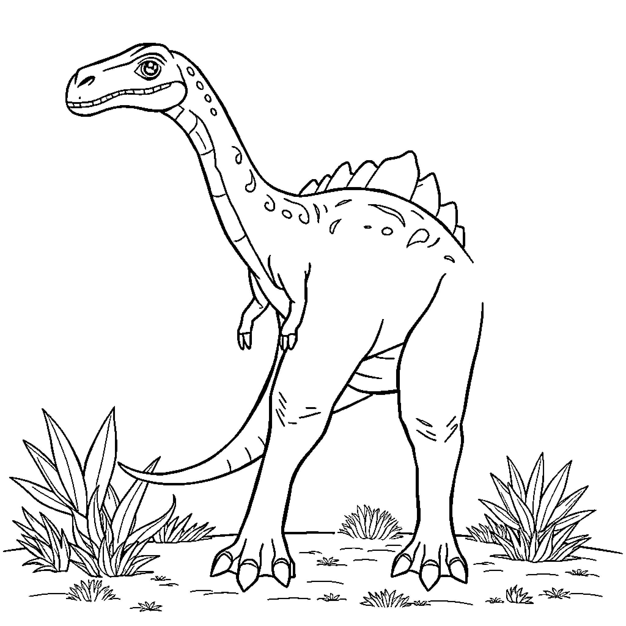 Dinosaur standing in the wilderness Coloring Page (free black-and-white line drawing printable PDF for all, from beginners to advanced learners, including children, teens, adults, and seniors)