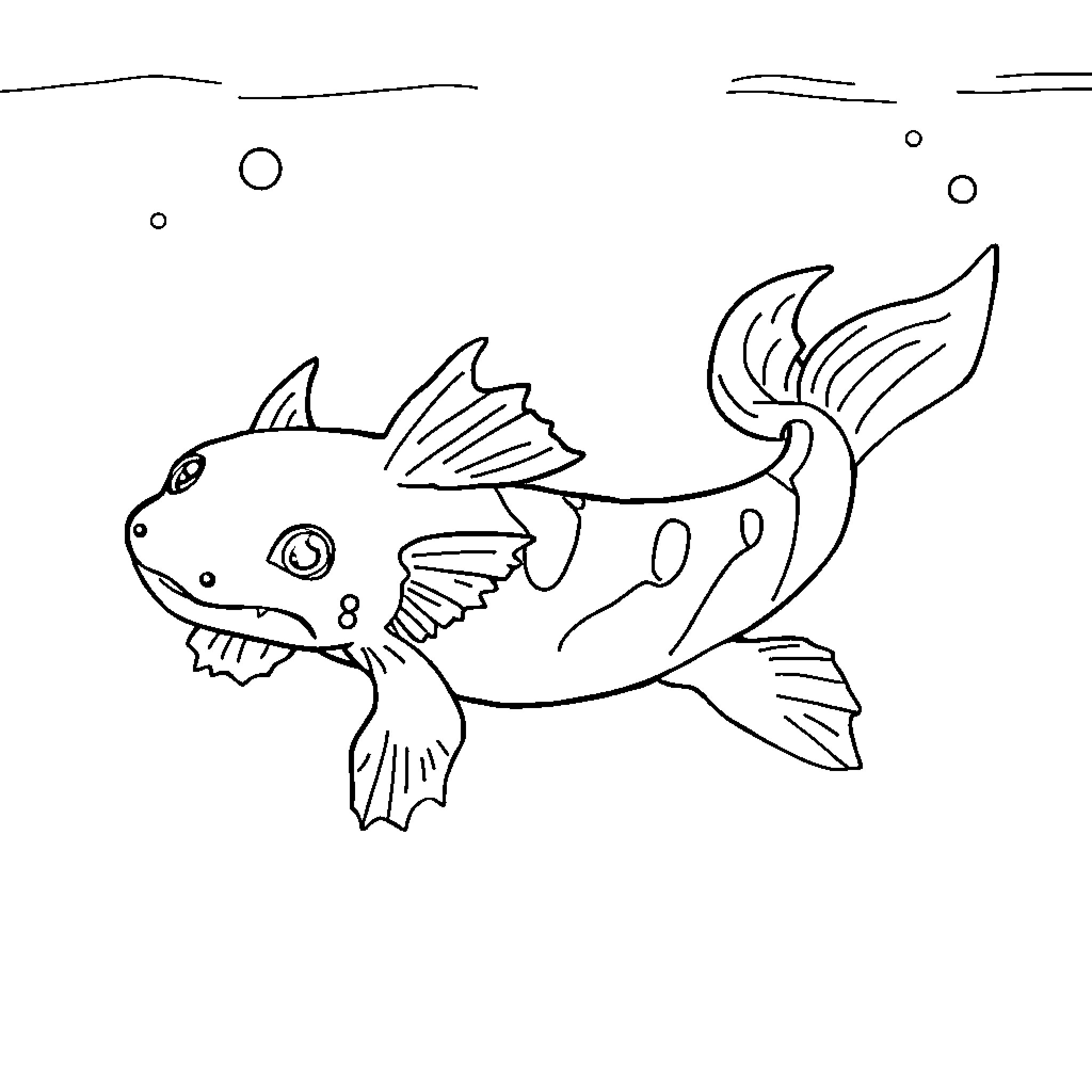 Axolotl swimming playfully in the water Coloring Page (free black-and-white line drawing printable PDF for all, from beginners to advanced learners, including children, teens, adults, and seniors)